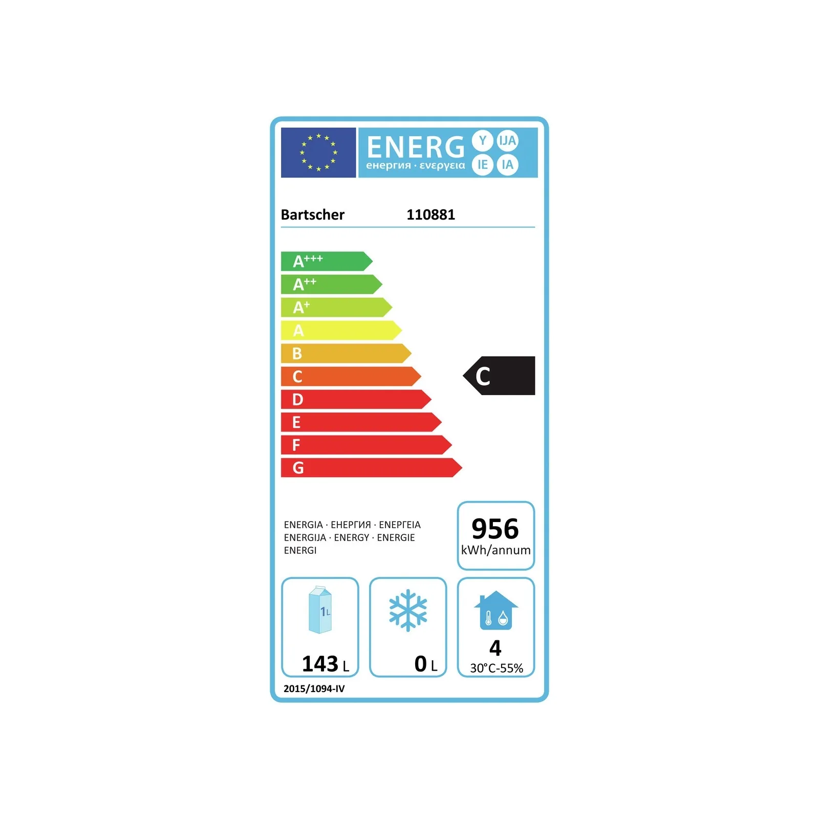Bartscher 110881 Kühltisch T2 Energielabel