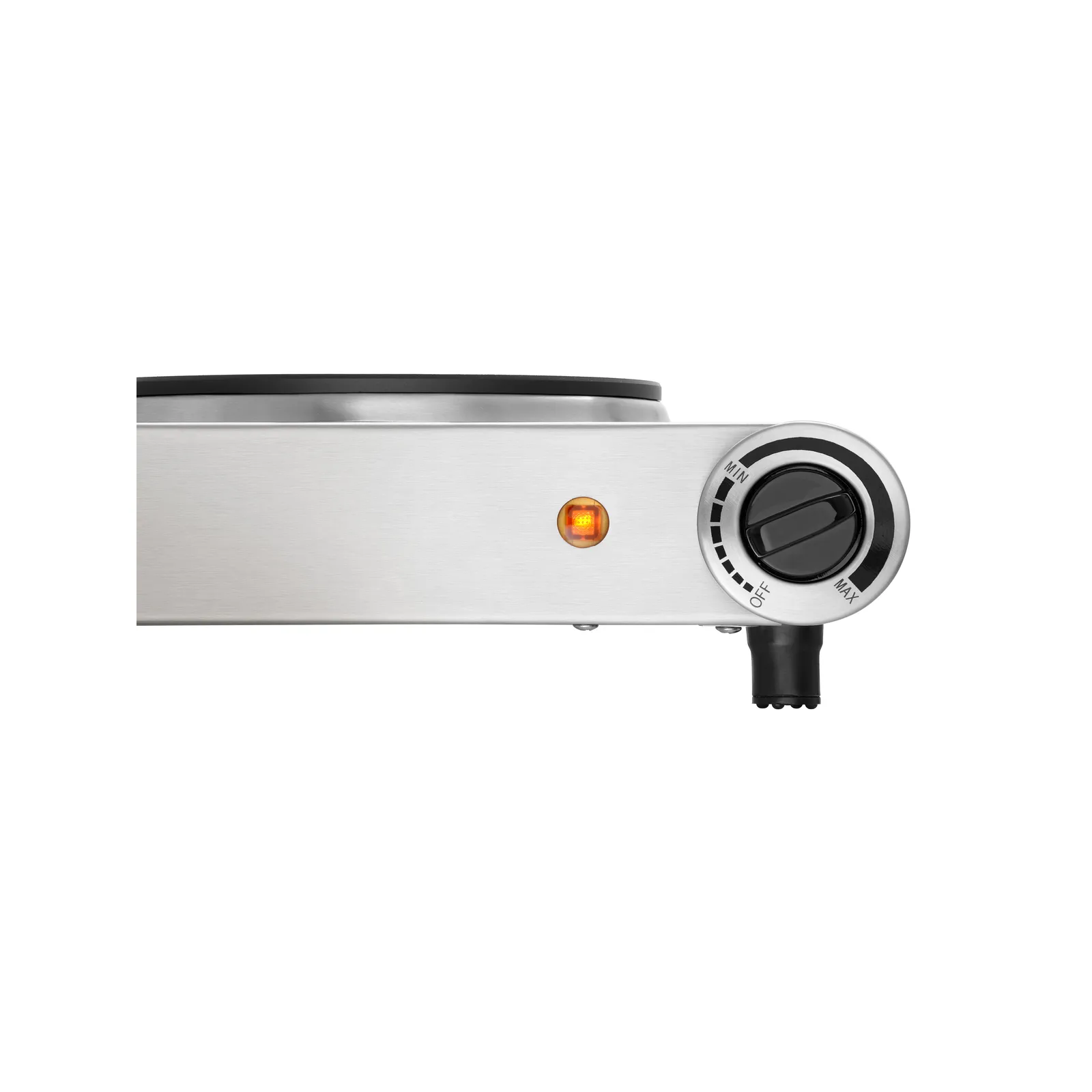 Bartscher 150310 Elektro-Kocher 2K2500 Nahansicht Bedienelemente, Mini-Grill, Gasherd, Bedienknopf, Silber finish, Oranger Indikator