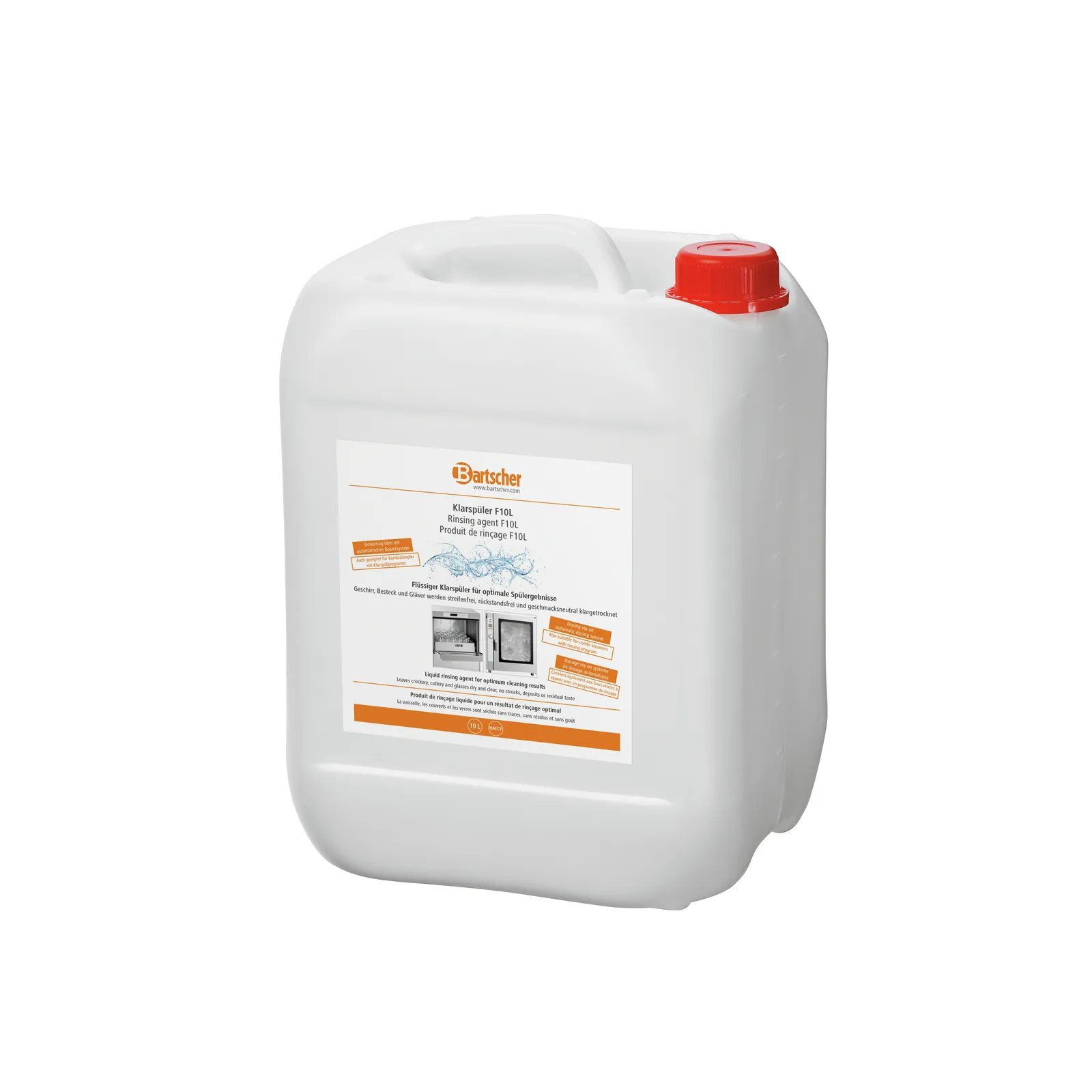 Bartscher 173272 Klarspüler F10L Ansicht Komplett, Klarspüler, Füllschale, Flüssigreiniger, 10L, orange Label