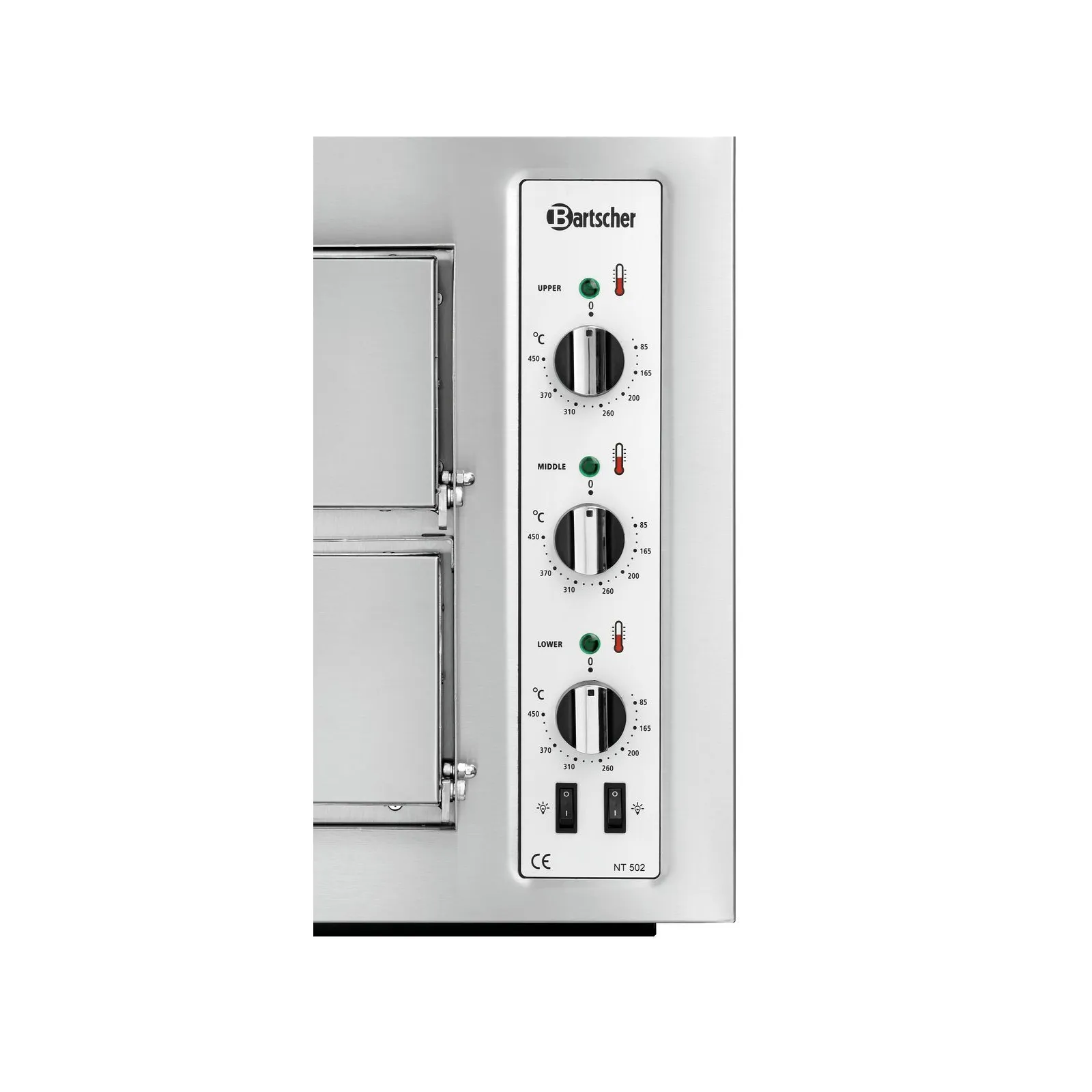Bartscher 2002028 Pizzaofen NT 502 Nahansicht Bedienelemente, Backofen, Drehknopf, Temperaturregler, Edelstahl, Ober-/Unterhitze