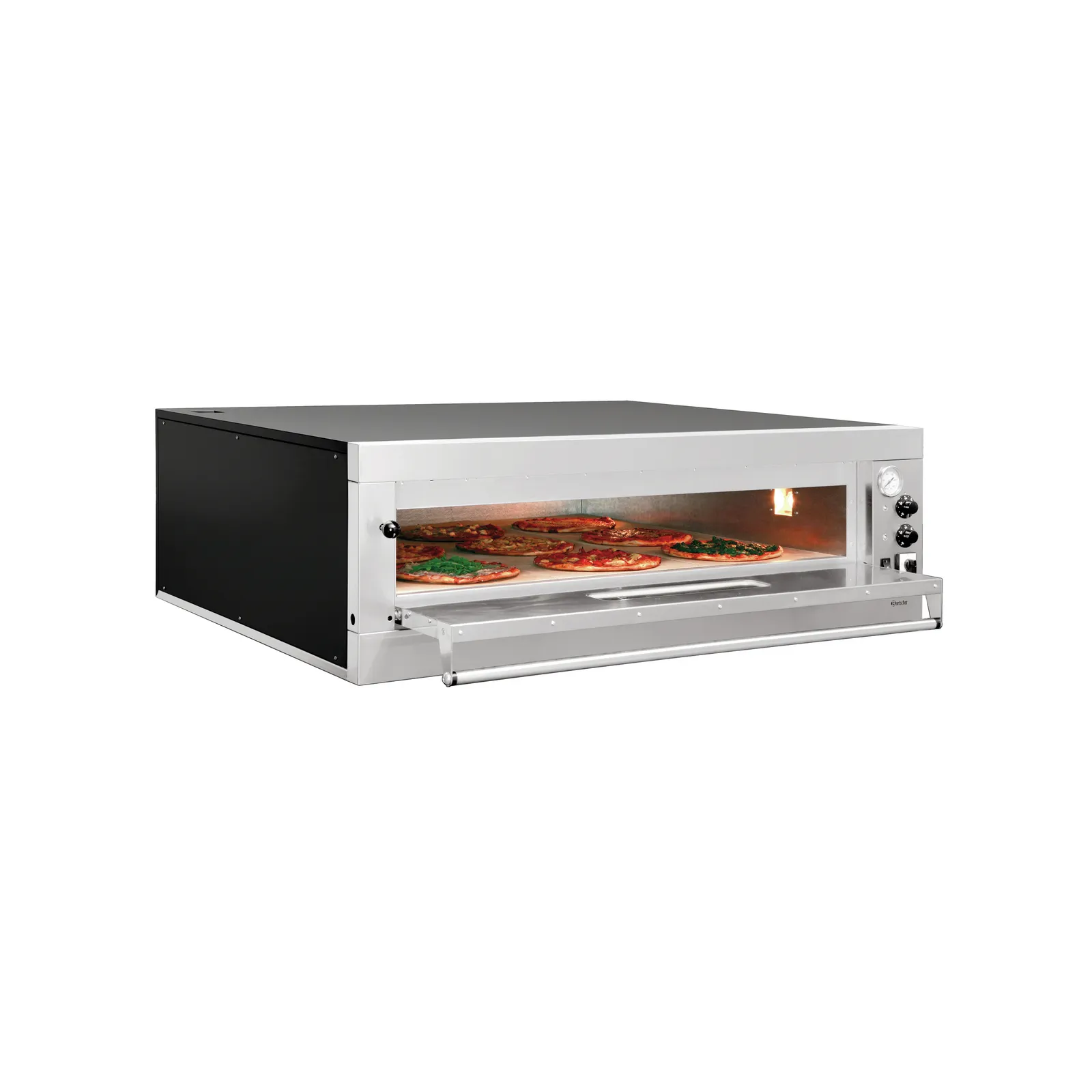 Bartscher 2002150 Pizzaofen ET 105, 1BK 1050x1050 Ansicht Komplett, offen, mit Pizza, Pizzaofen, Gastronomieofen, Küchengerät, Edelstahl, Backofen mit Sichtfenster
