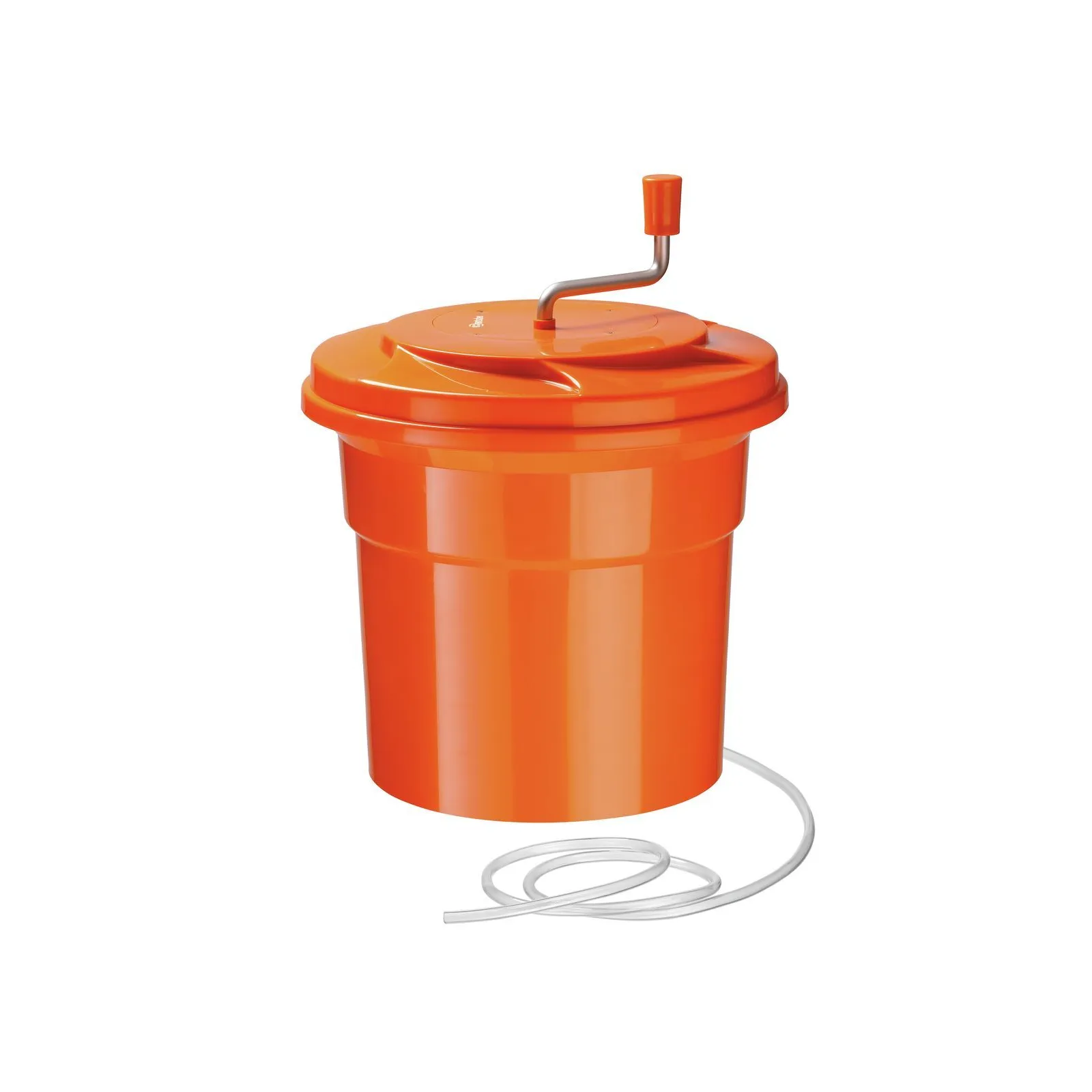Bartscher 120709 Salatschleuder K1-25L Ansicht Komplett, mit Ablaufschlauch, Müllbehälter, Abfalleimer, orange, Druckverschluss, Handkurbel