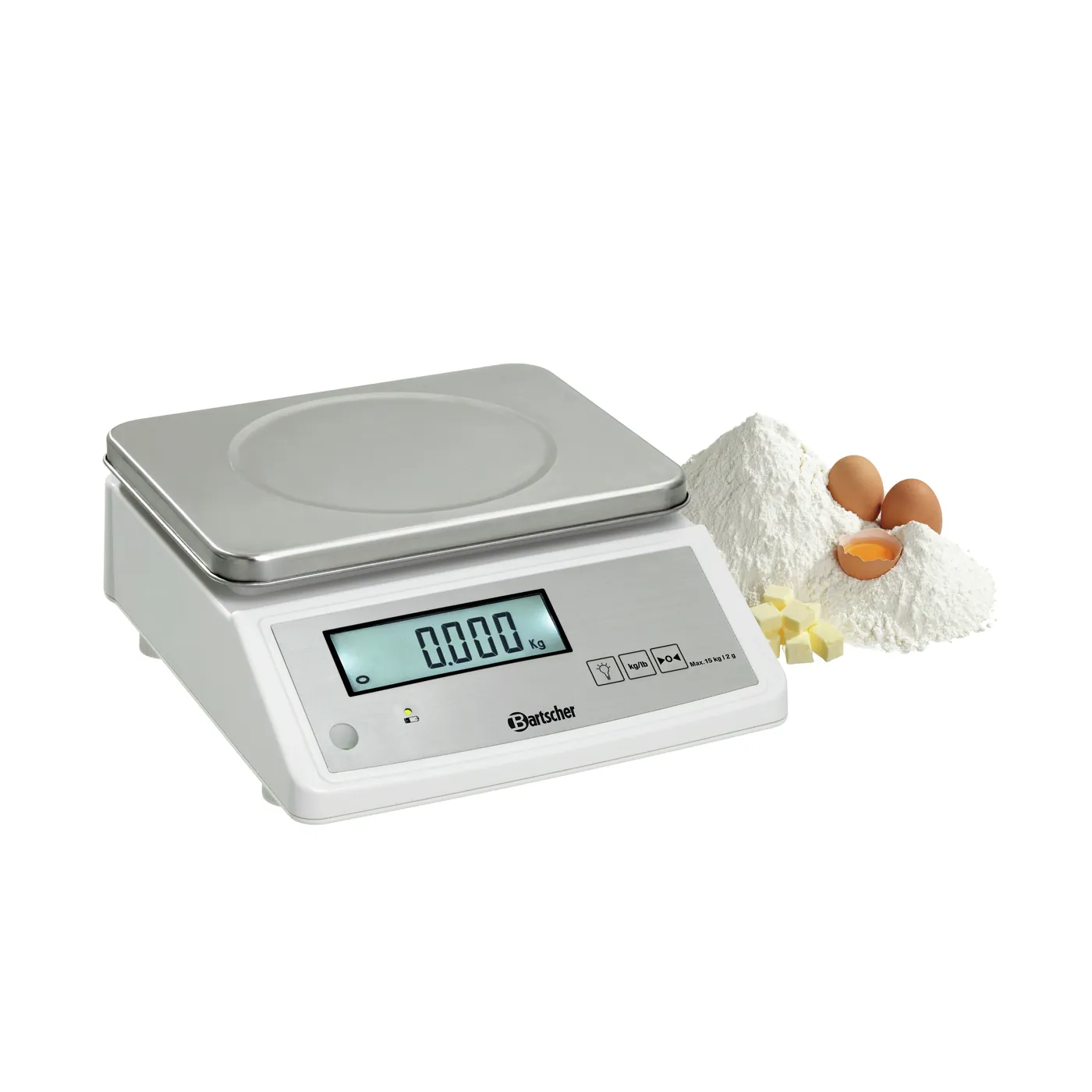 Bartscher A300118 Waage Ansicht Komplett angeschaltet mit Essen daneben