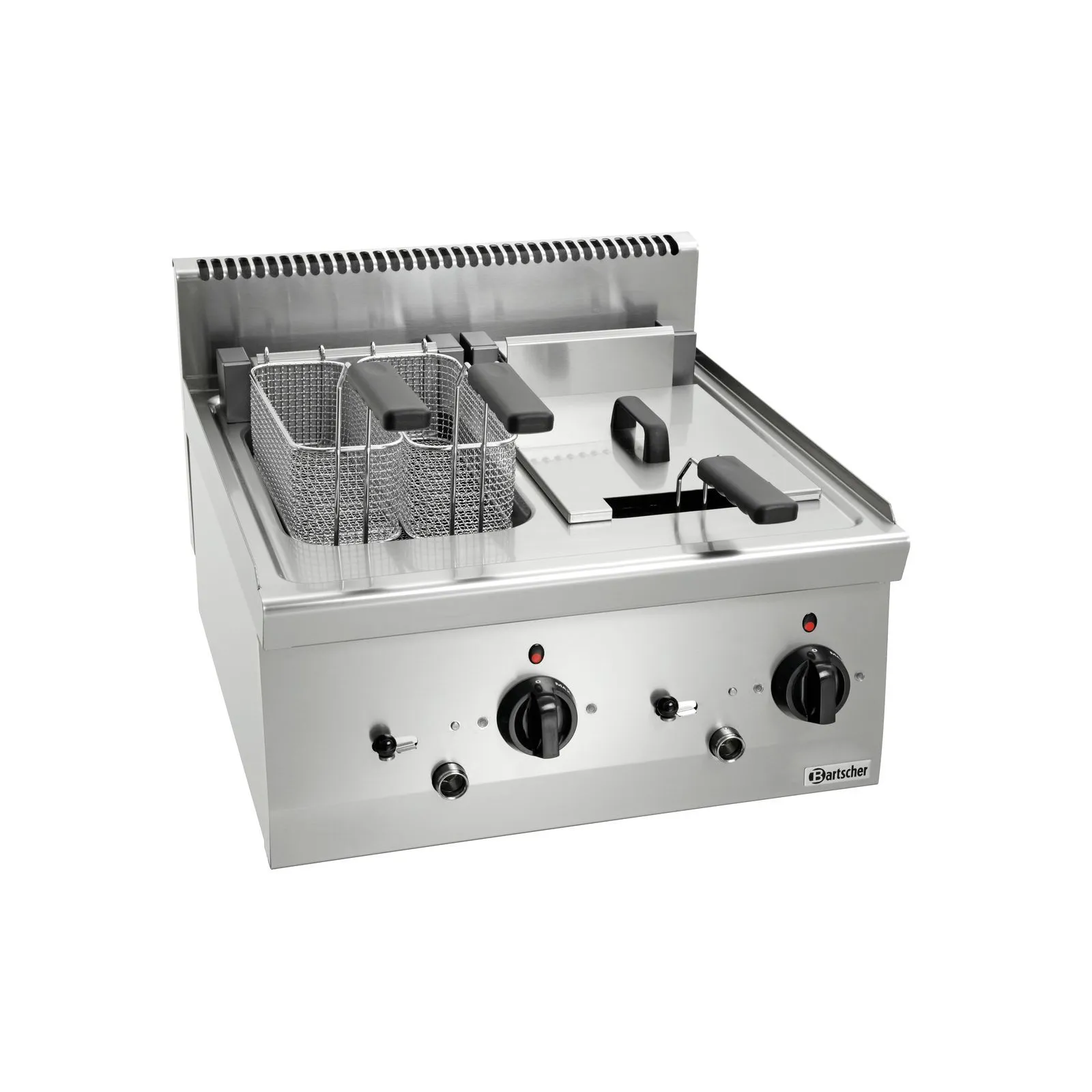 Bartscher 131425 Fritteuse 600 B600 2x8L Ansicht Komplett, mit zwei Körben, Gaskochfeld, Fritteuse, Edelstahl, Doppelkorb, Bedienknöpfe