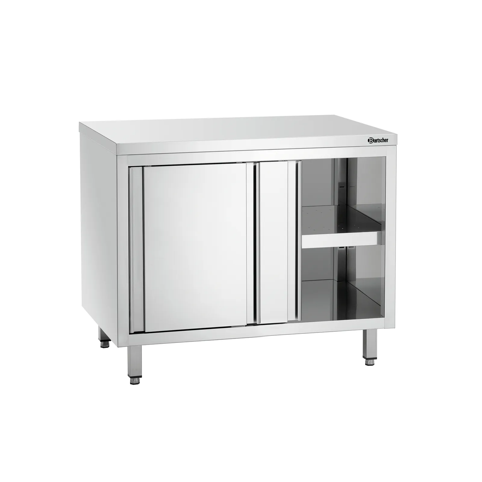 Bartscher 337107 Arbeitsschrank 700 B1000 Ansicht Komplett, geöffnet, stahl möbel, küchenunterschrank, schrank, edelstahl, glas front