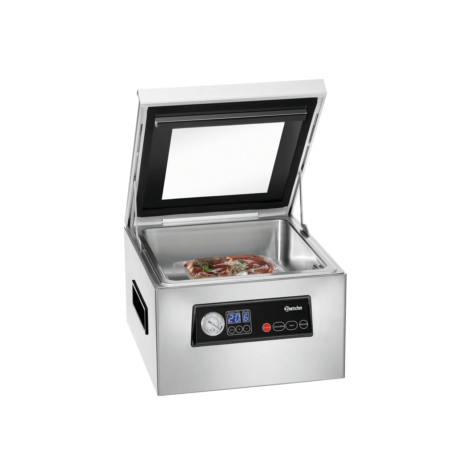 Bartscher 300747 Vakuumiergerät K 300/60L Ansicht Komplett, offen, mit Essen, Vakuumierer, Vakuumiermaschine, Edelstahl, Beutelverpackung, Digitale Anzeige