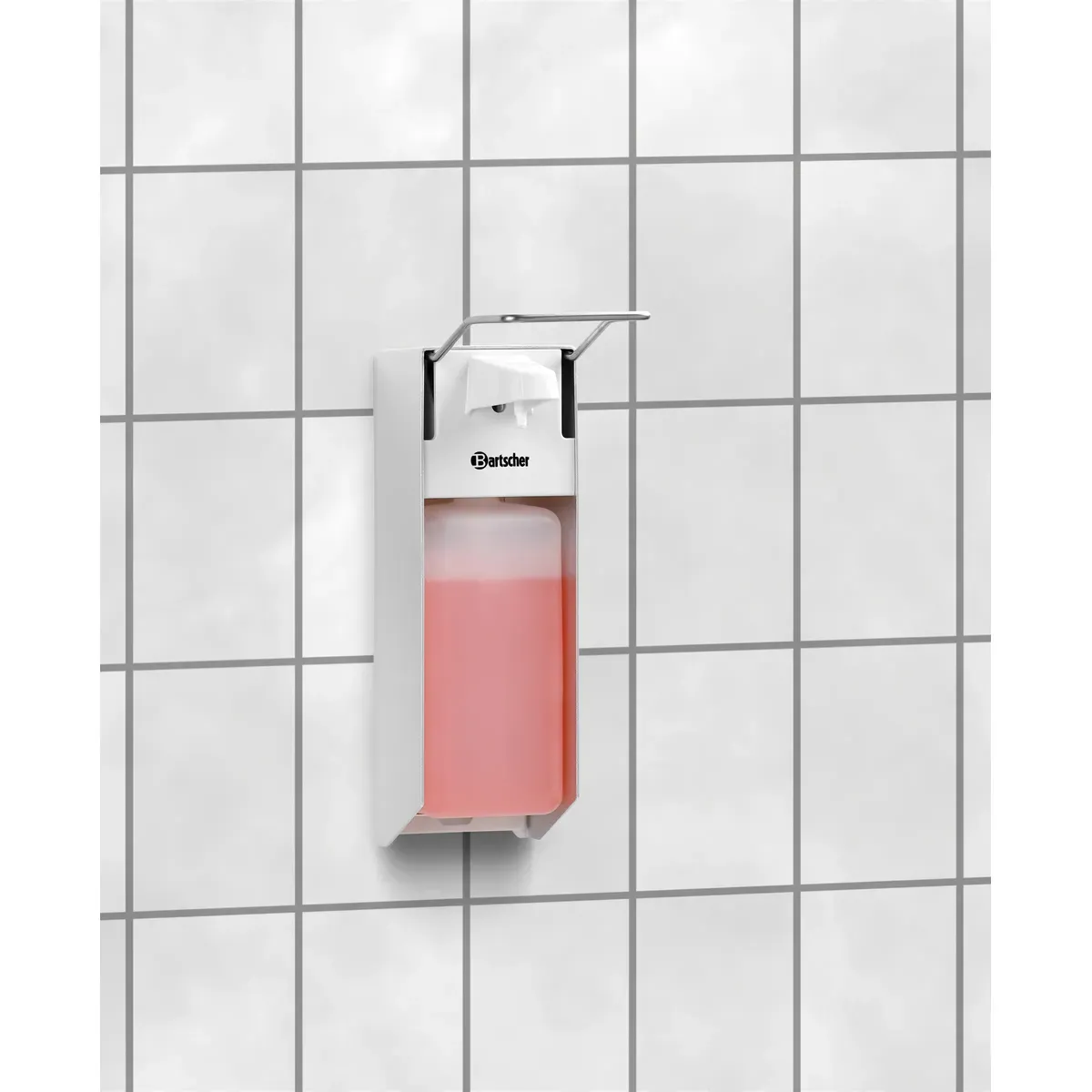 Bartscher 850008 Seifenspender PS 0,9L W an der Wand, Seifenspender, Wandspender, Kippverschluss, Pumpspender, Rosa Flüssigkeit