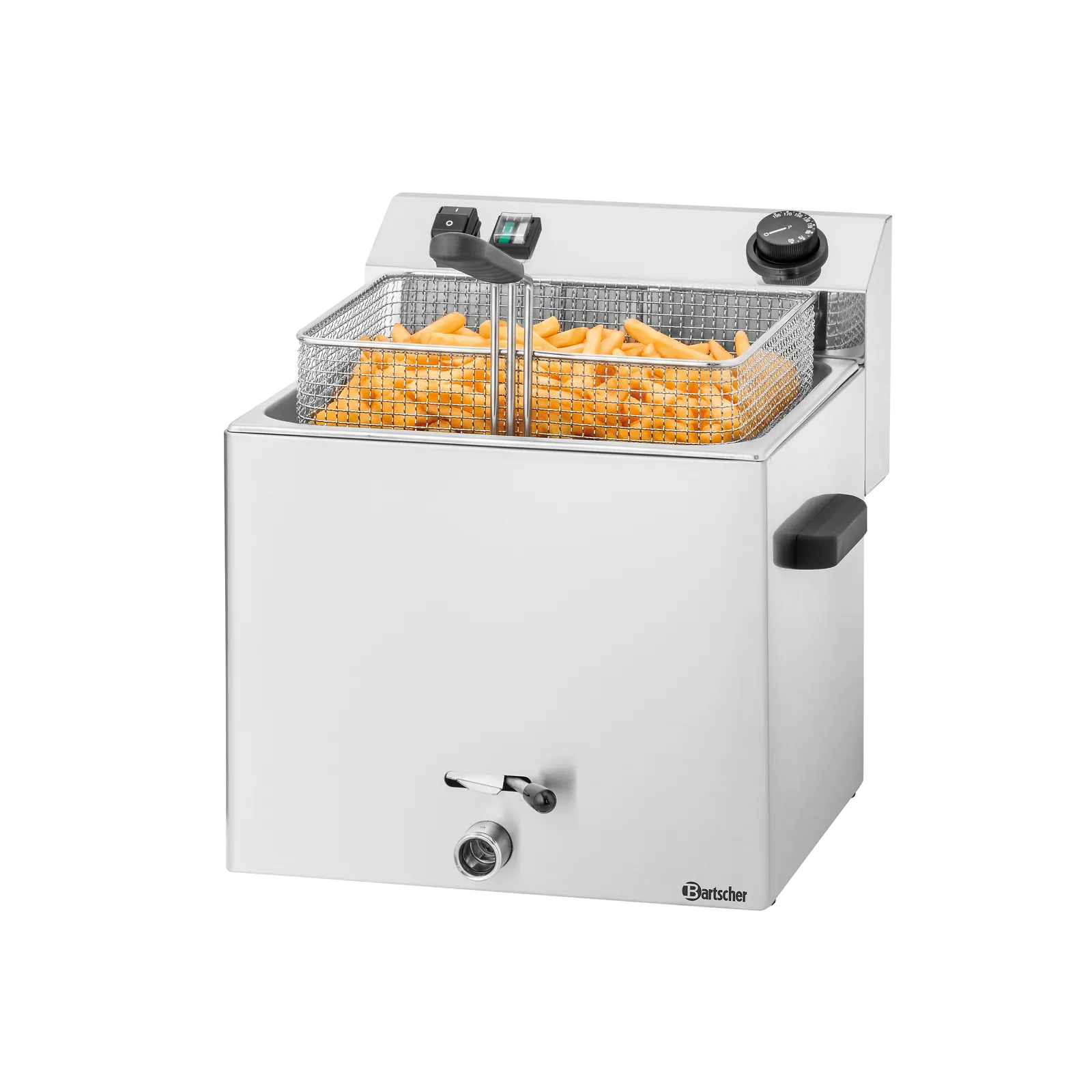 Bartscher 162900 Fritteuse PROFESSIONAL I Ansicht Komplett, mit Pommes, Fritteuse, Fettbad, Fritteusenkorb, Thermostat, Stabiler Stahl