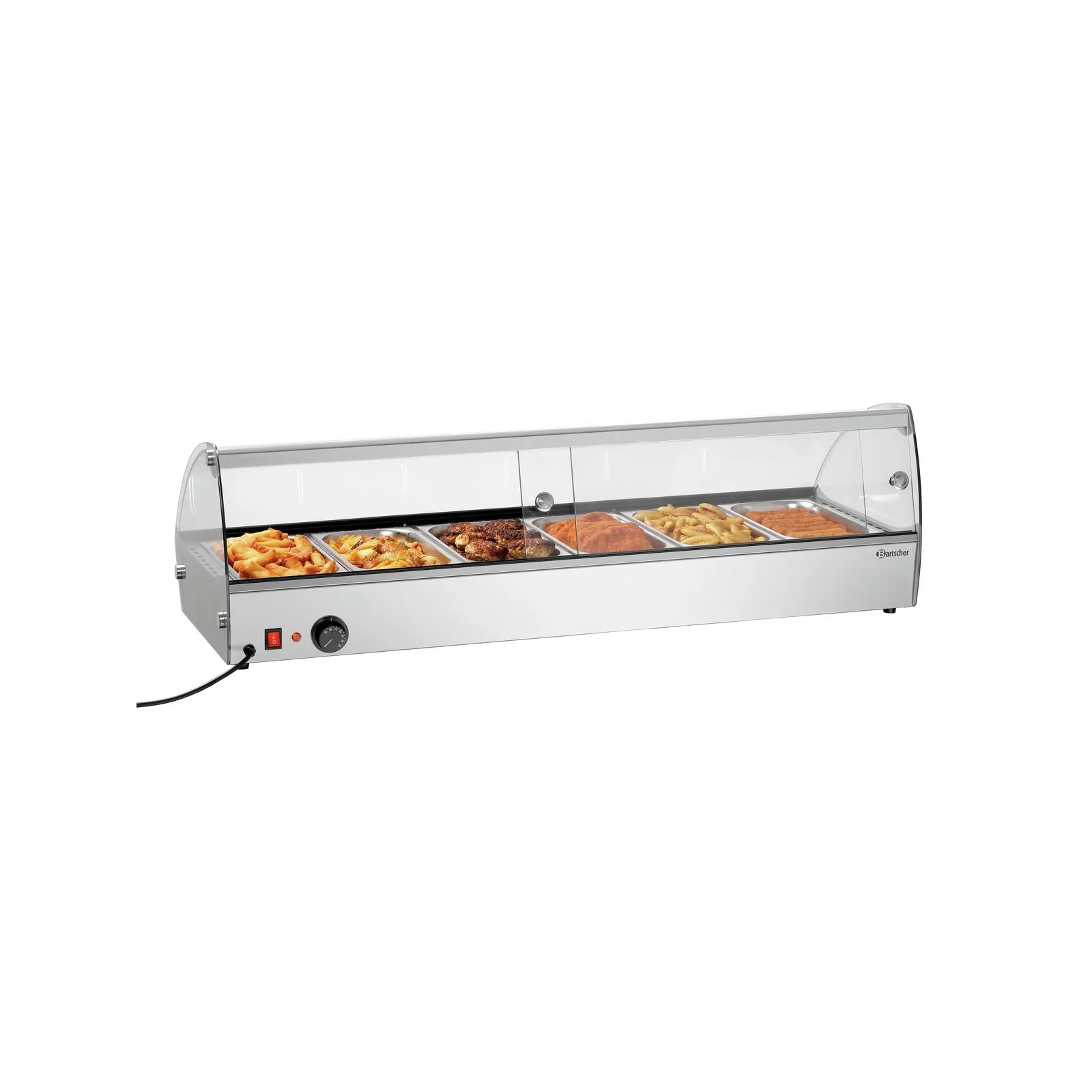 Bartscher 305059 Heiße Aufsatzvitrine R6 6 x 1/3 GN Ansicht Komplett von hinten, mit Essen