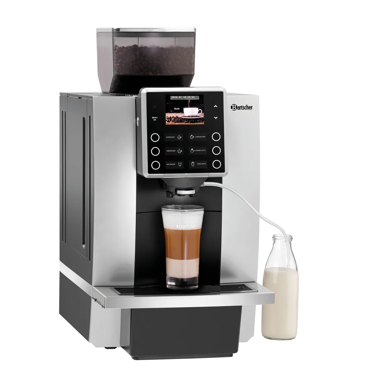 Bartscher 190052 Kaffeevollautomat seitlich mit Latte Macchiato Glas und Milchflasche