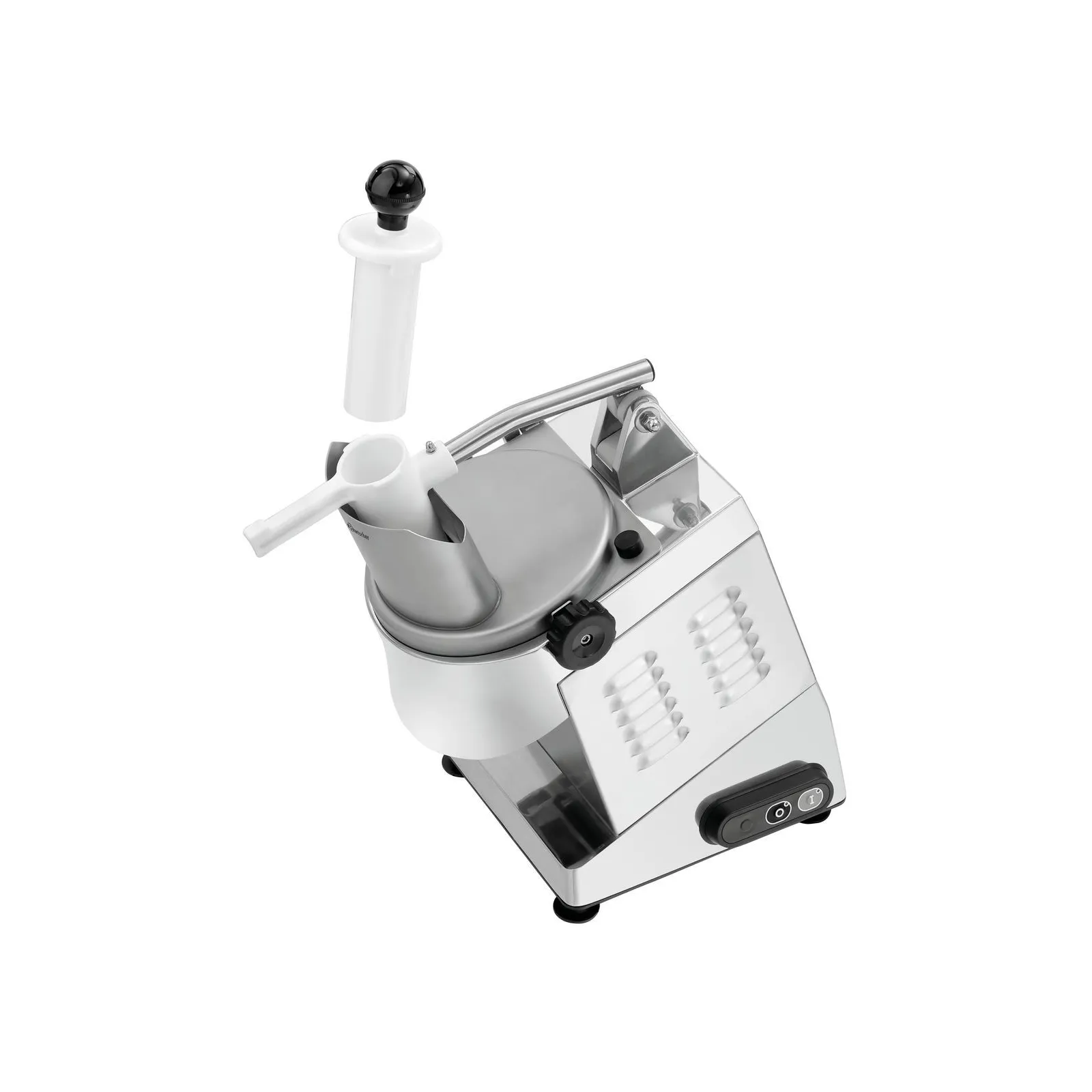 Bartscher 120327 Gemüseschneider GMS601 Ansicht Komplett, seitlich, Einzelteile Stopfer, Schneidemaschine, Küchenmaschine, Elektrisch, Metall, Kompakt