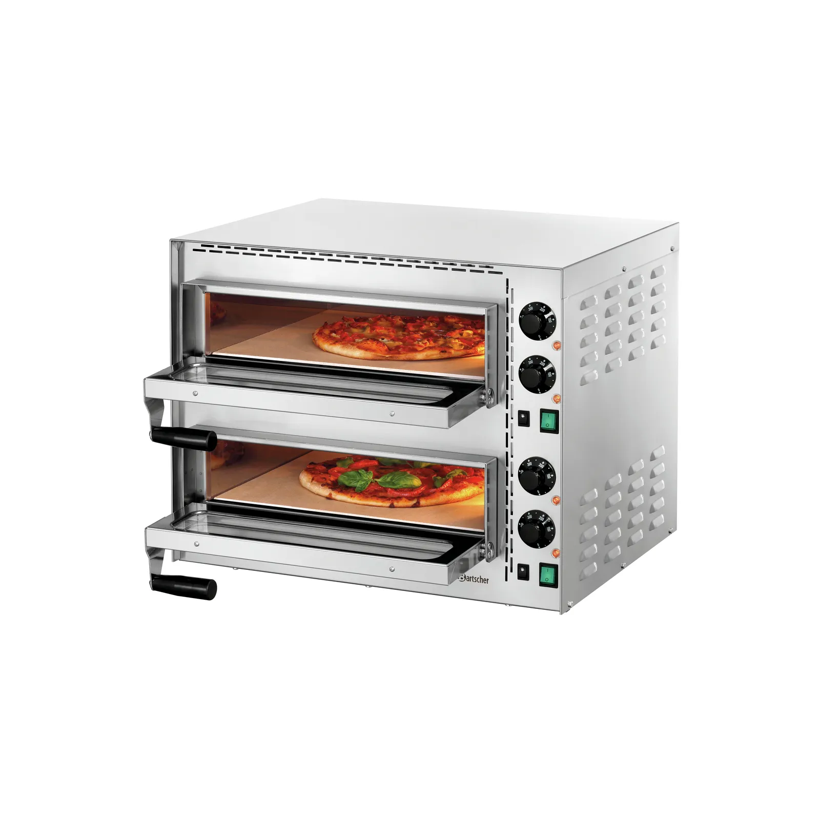 Bartscher 203535 Pizzabackofen Mini Plus 2 Ansicht Komplett, offen, mit Pizzen
