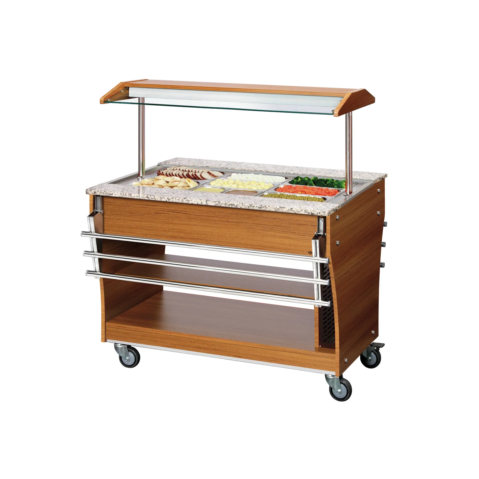 Bartscher 125614 Buffetwagen warm 3x 1/1GN Ansicht Komplett, mit Essen, mit Tablettrutsche eingeklappt, Buffet, Salatbar, Food warmer, Granitplatte, Rollwagen