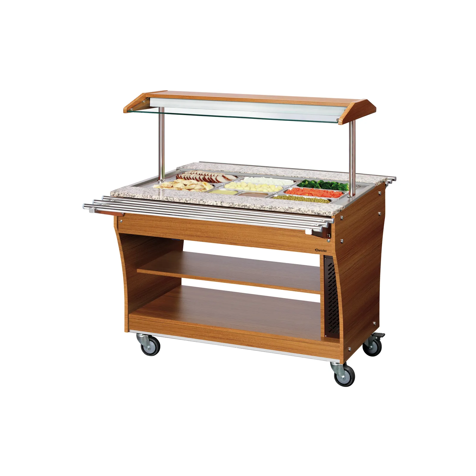 Bartscher 125614 Buffetwagen warm 3x 1/1GN Ansicht Komplett, mit Essen, mit Tablettrutsche ausgeklappt, Buffetwagen, Salatbar, Holzdesign, Buffetmobil, Gastronomie-Aufsatz
