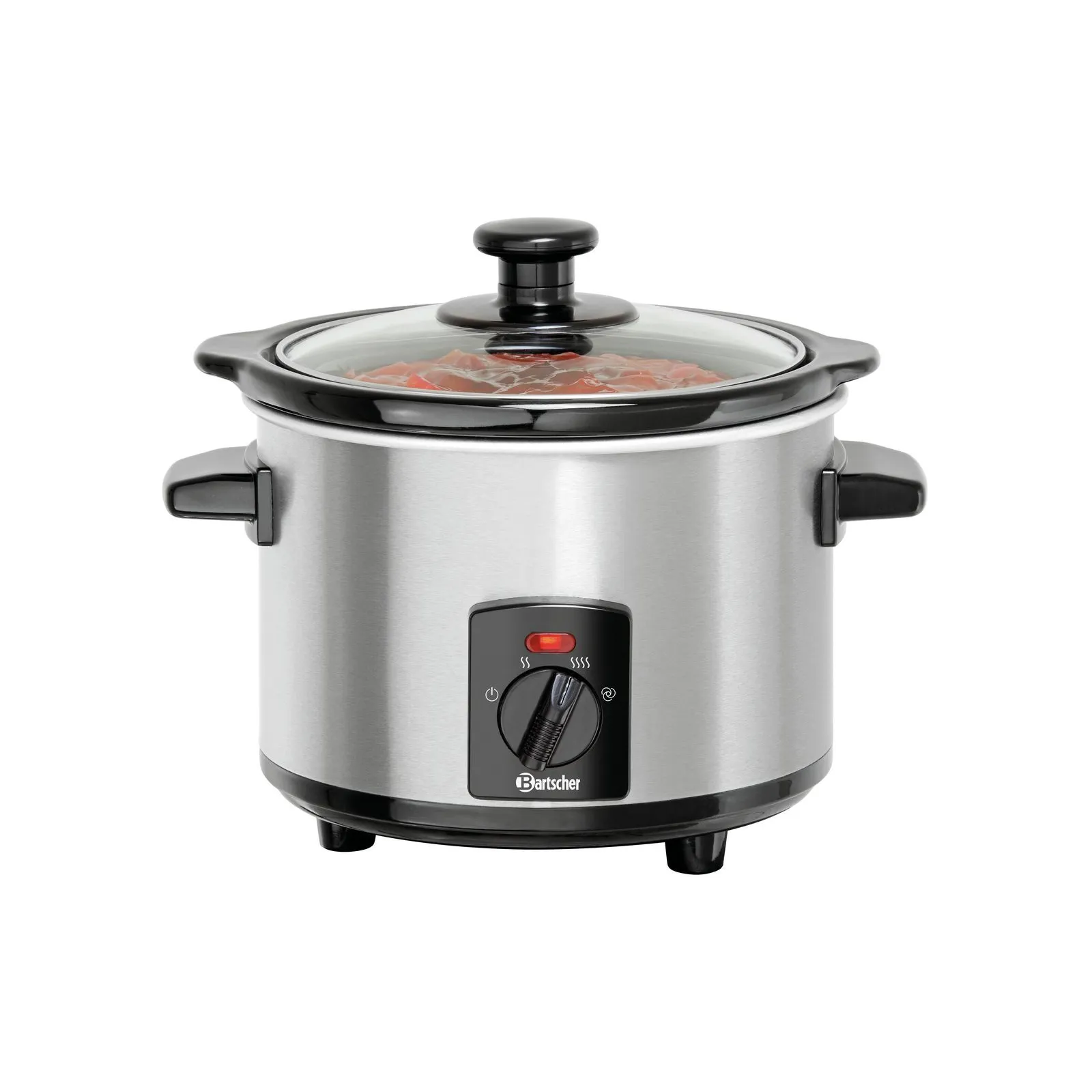 Bartscher A100266 Speisenwaermer seitlich mit Essen, Slow cooker, Edelstahl, Glasdeckel, einstellbare Hitze, Seitliche Griffe