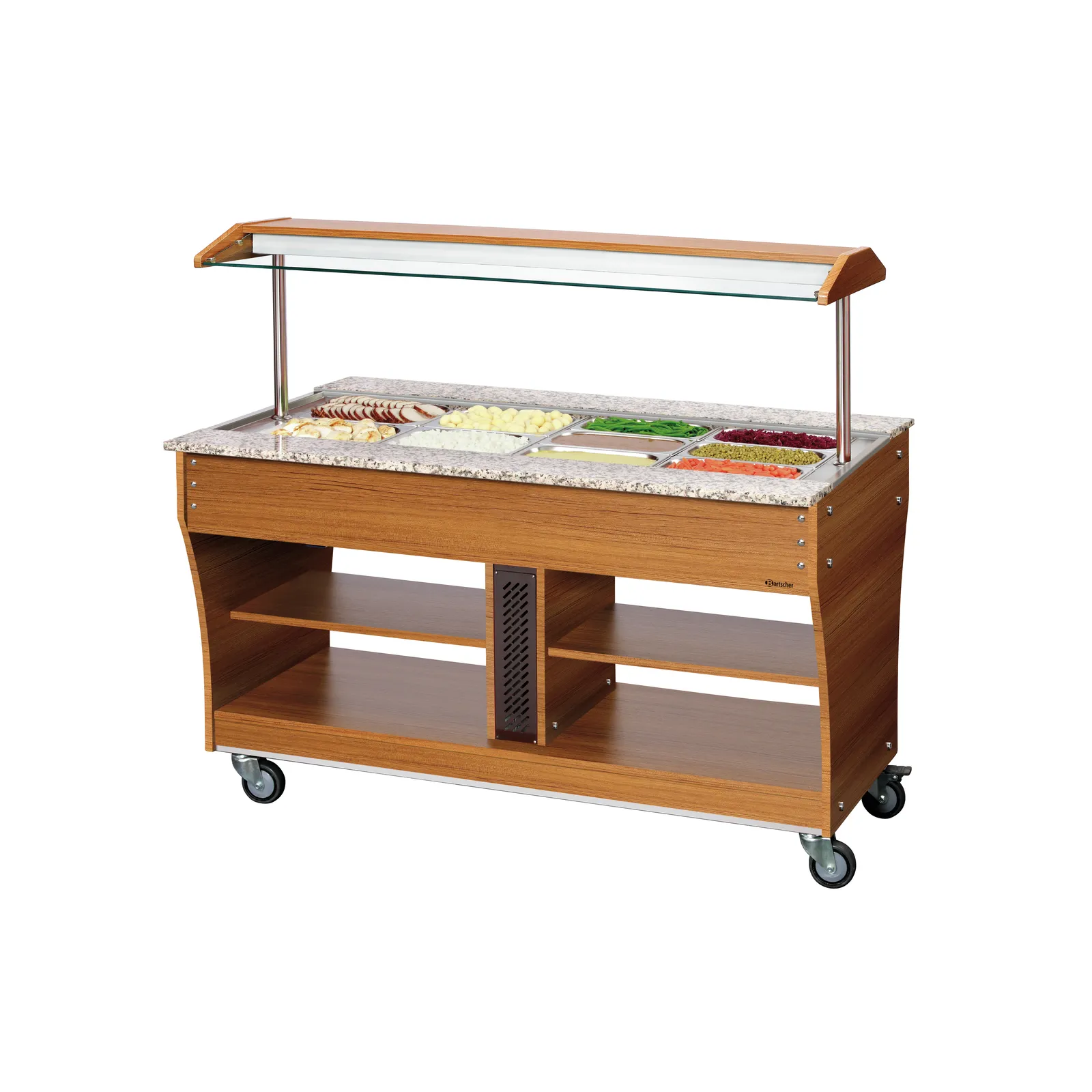 Bartscher 125628 Buffetwagen warm 4x 1/1GN Ansicht Komplett, mit Essen, Saladbar, Buffetwagen, Holzoptik, Glasaufsatz, Servicetruhe