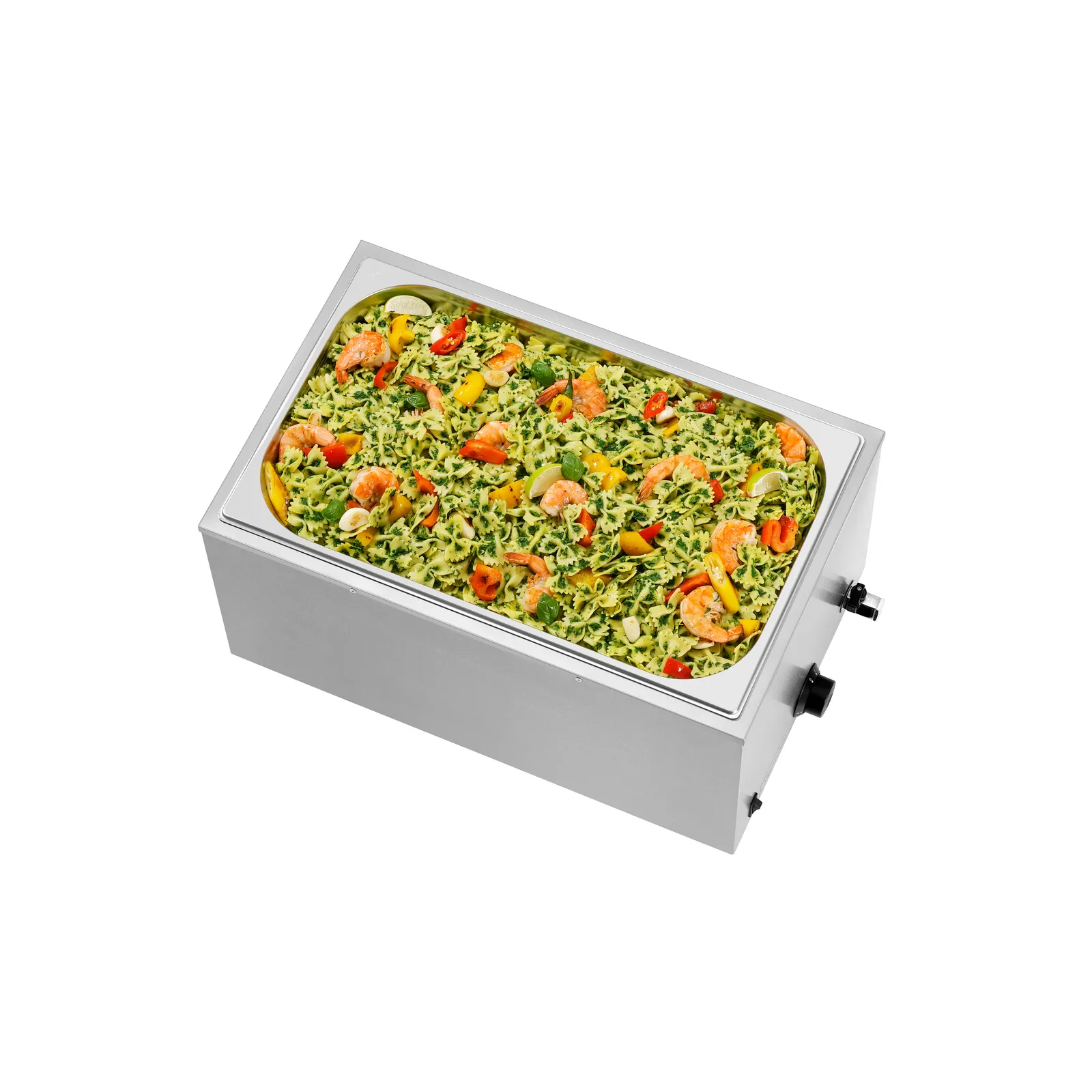 Bartscher 200207 Bain Marie 1/1GN 200mm mit Hahn Ansicht von oben, mit Essen, Chafing dish, Garnelen, Nudelauflauf, Gemüse, Kasserolle