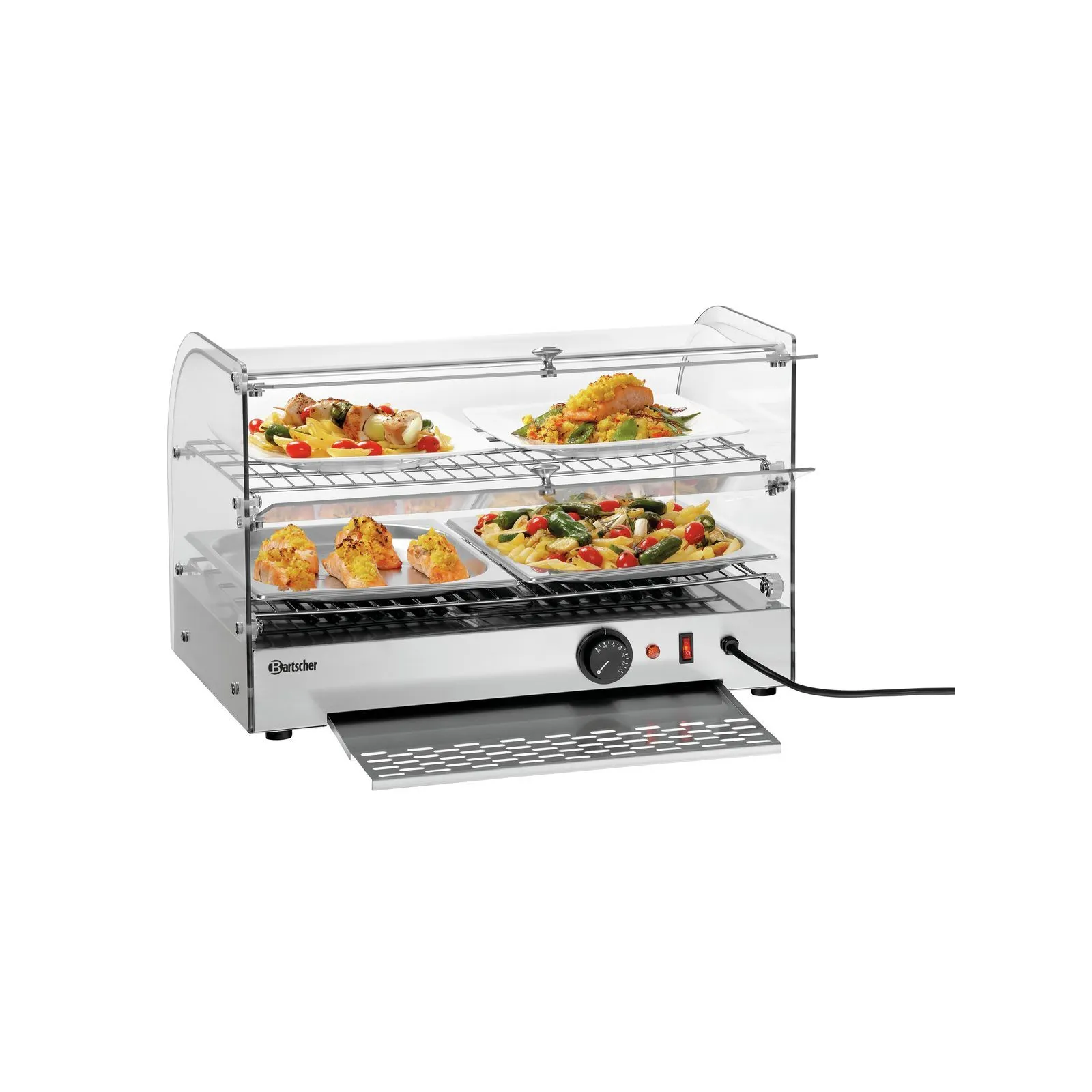 Bartscher 305062 Heiße Theke 5200 2ER Ansicht Komplett von hinten, mit Essen und Auszugsschale, Chafing Dish, Gastronorm Rack, Heizelement, Edelstahl, Heizplatte