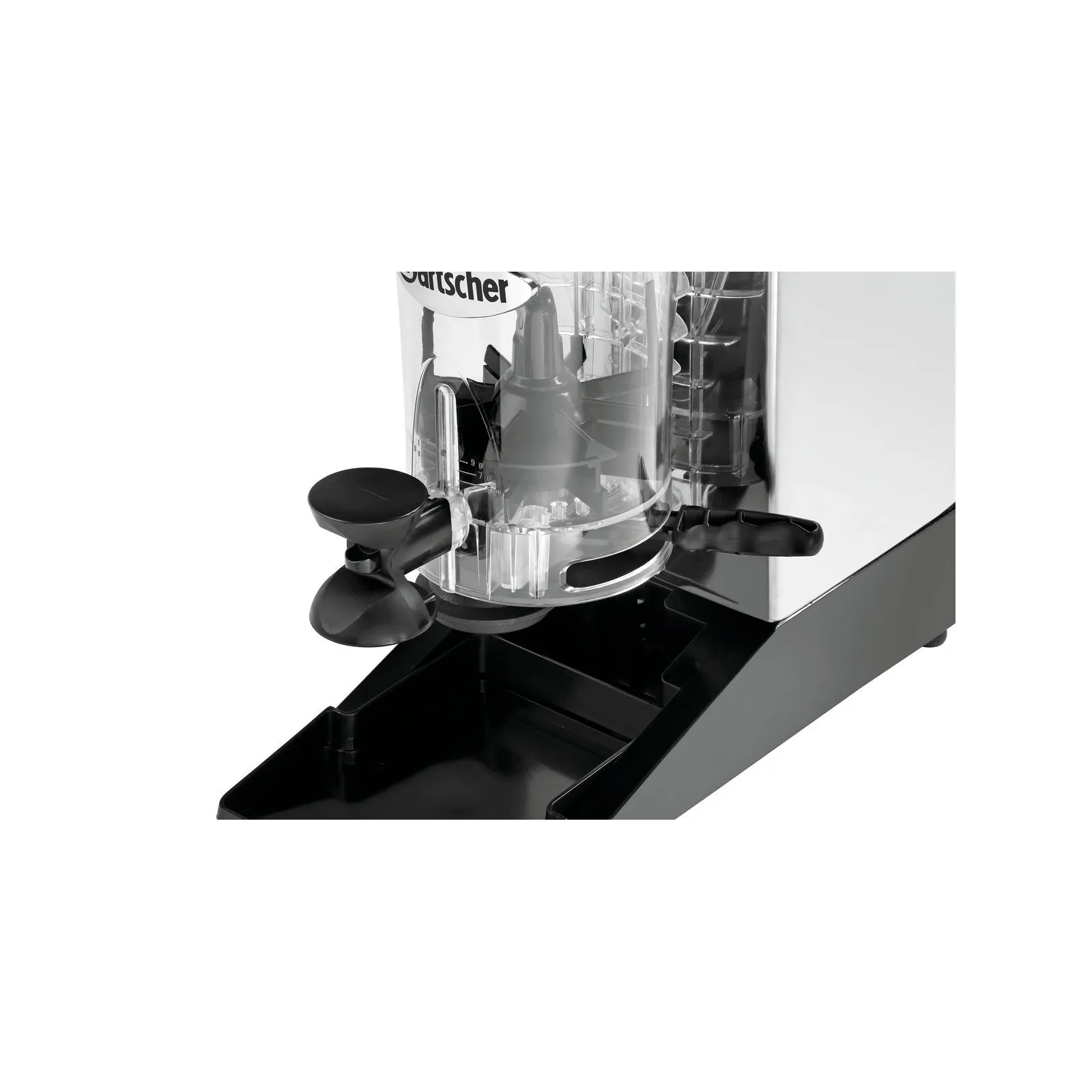 Bartscher 190174 Kaffeemühle Modell Space II Nahansicht unten, Espresso-Kaffeemühle, Kaffeemühle, Frischkaffee, Kaffeemühle mit Mahlwerk, Schwarz