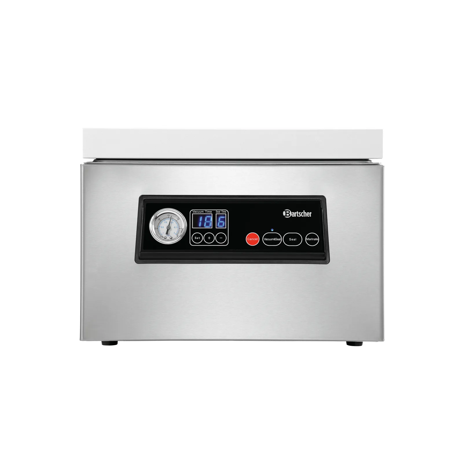 Bartscher 300747 Vakuumiergerät K 300/60L Ansicht von vorne, Vakuumiergerät, Kabinettgerät, Edelstahl, Thermometer, Bedienfeld