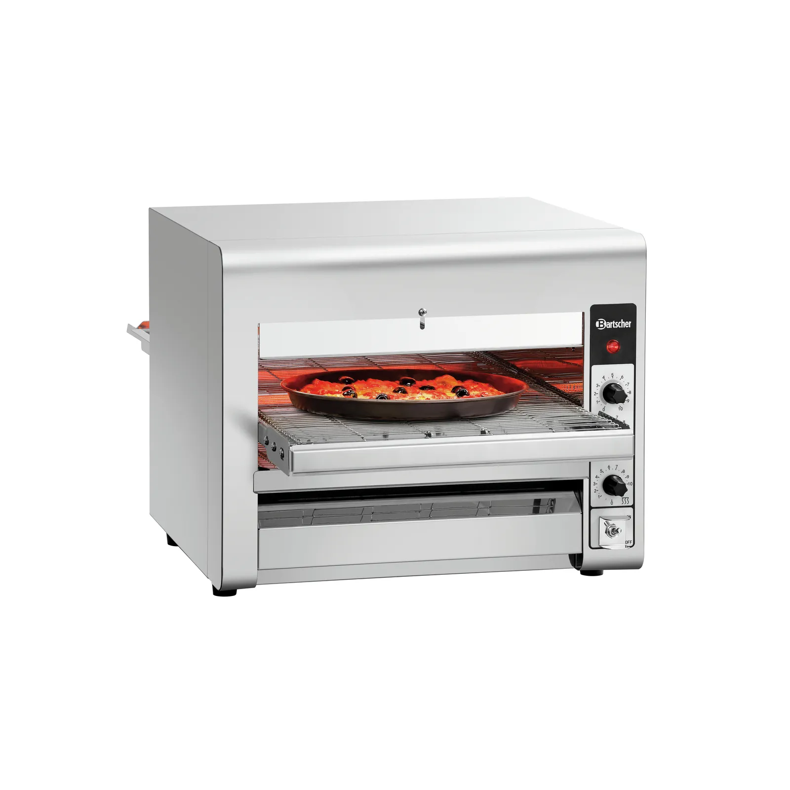 Bartscher 2002203 Durchlaufpizzaofen 3600TB10 Ansicht Komplett, von hinten, mit Pizza, Küchengerät, Toasterofen, Pizzaofen, Stahlgehäuse, Grillrost