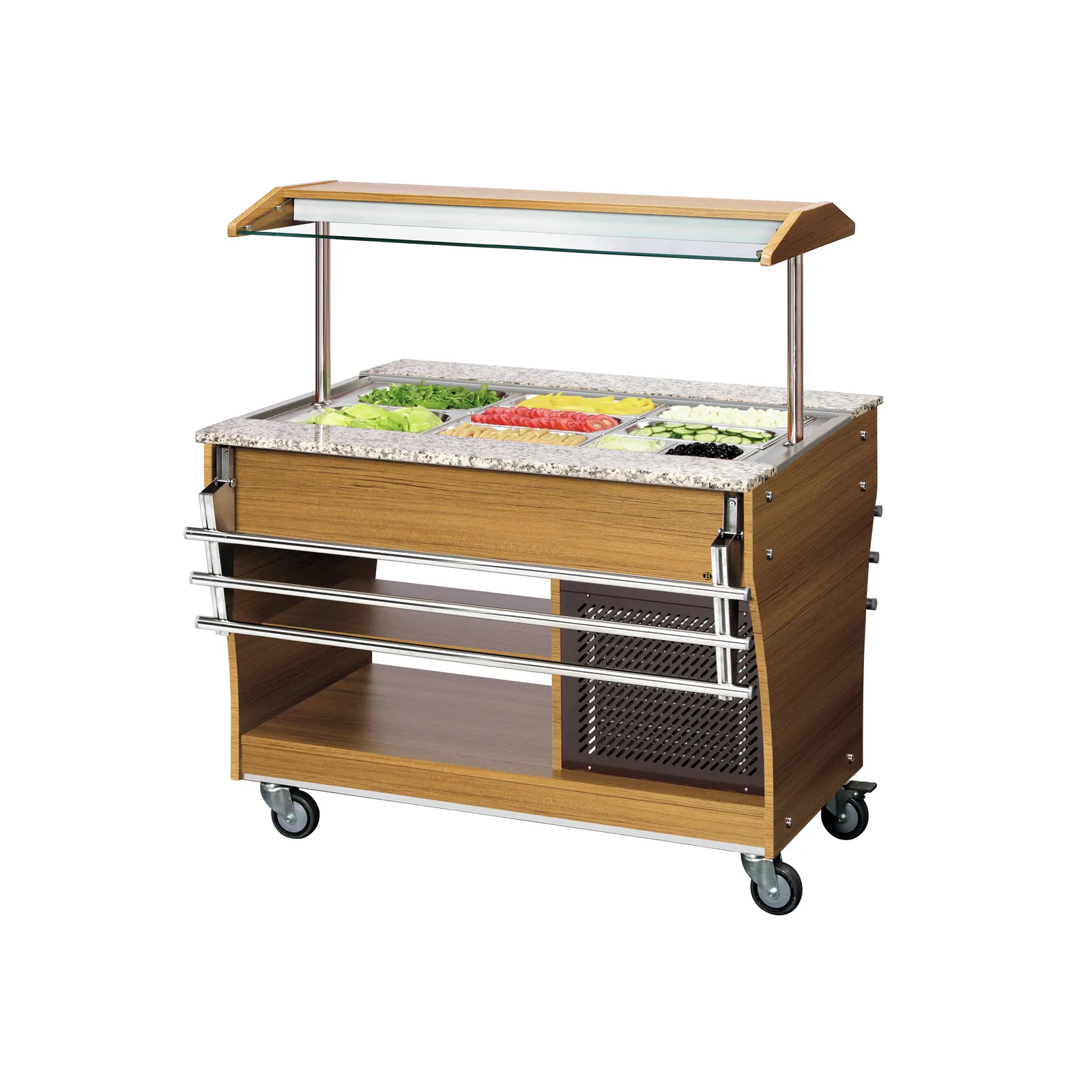 Bartscher 125525 Buffetwagen kalt 3x 1/1 GN Ansicht Komplett, mit Essen, mit Tablettrutsche eingeklappt, Buffetstand, Saladbar, Granitplatte, Holzkabine, Rollwagen
