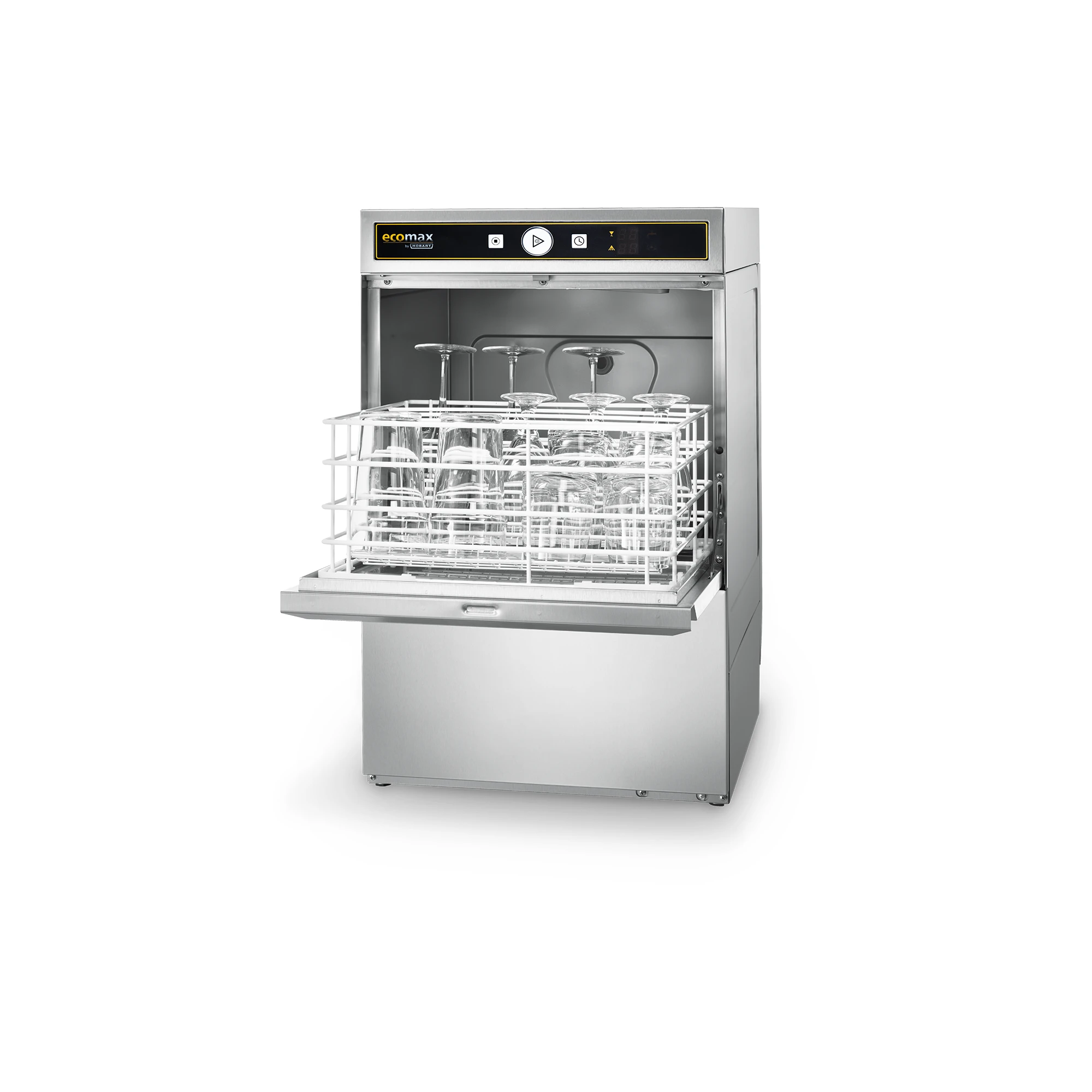 Ecomax G404 Glaeserspuelmaschine geoeffnet mit Glaeserkorb in 4 Reihen