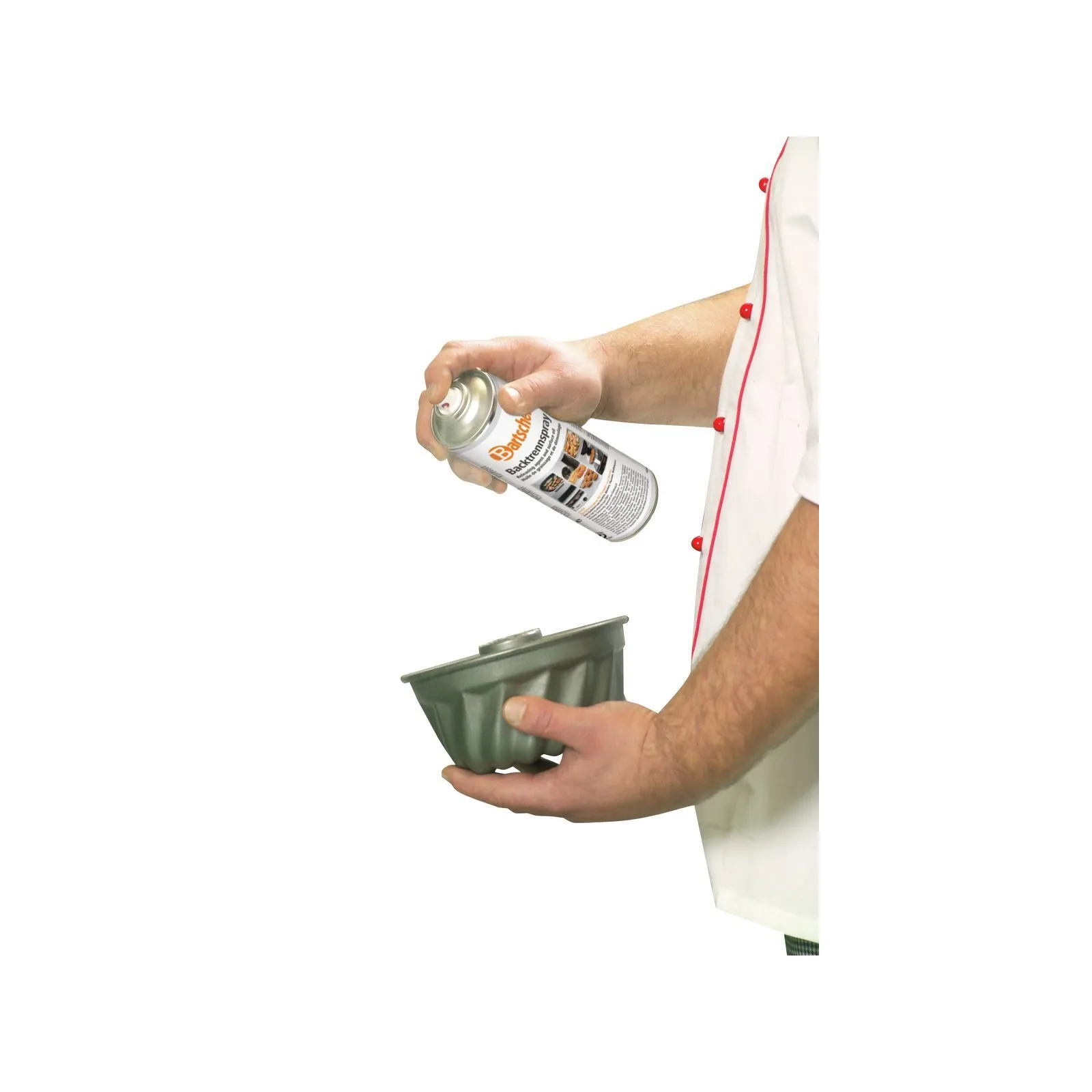 Bartscher 173060 Backtrennspray 500ml DS Ansicht Komplett, in Benutzung, Kunststoffform, Schnittboden, Spray, Backhilfe, Zubereitung