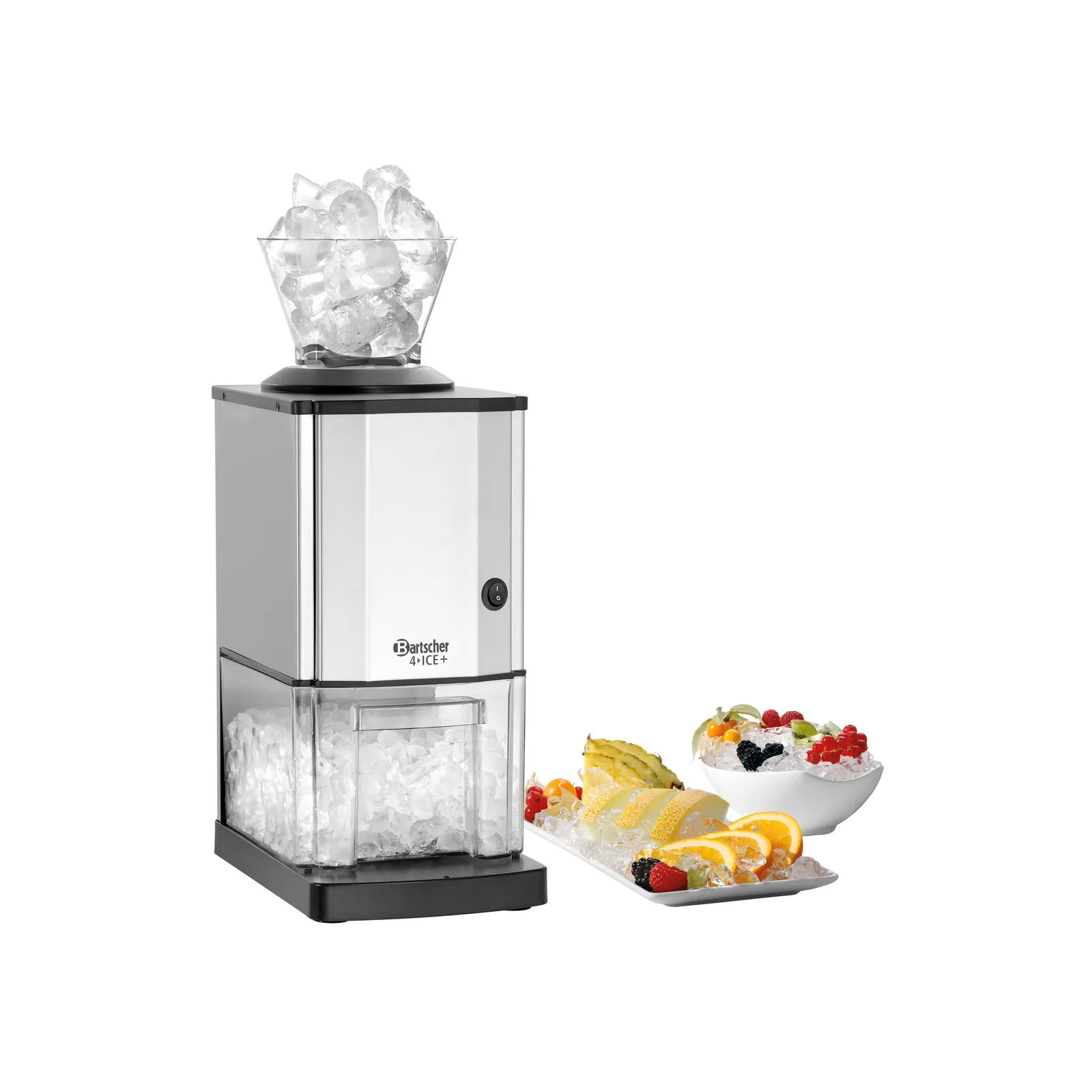 Bartscher 135023 Eiscrusher 4ICE+ Ansicht Komplett, mit Eis und Früchten, Eismaschine, Schnee, Kühlbehälter, Zubehör, Frucht-Toppings