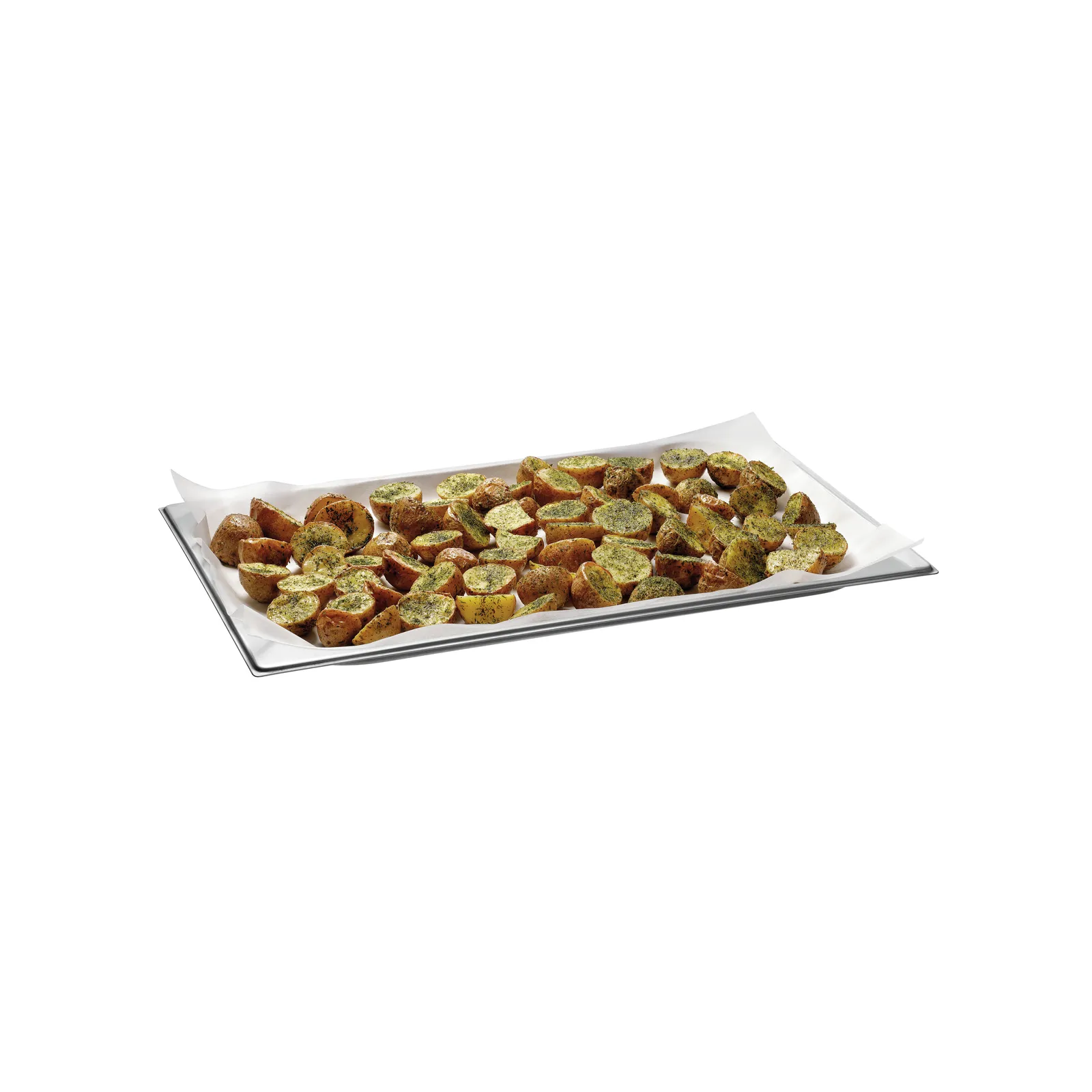 Bartscher 150687 Kochpergament 1/1 GN Ansicht Komplett, auf Backblech, mit Essen, Knoblauchbrot, Bruschetta, Knoblauchbrot-Häppchen, Brotstücke, Geröstete Brotstücke