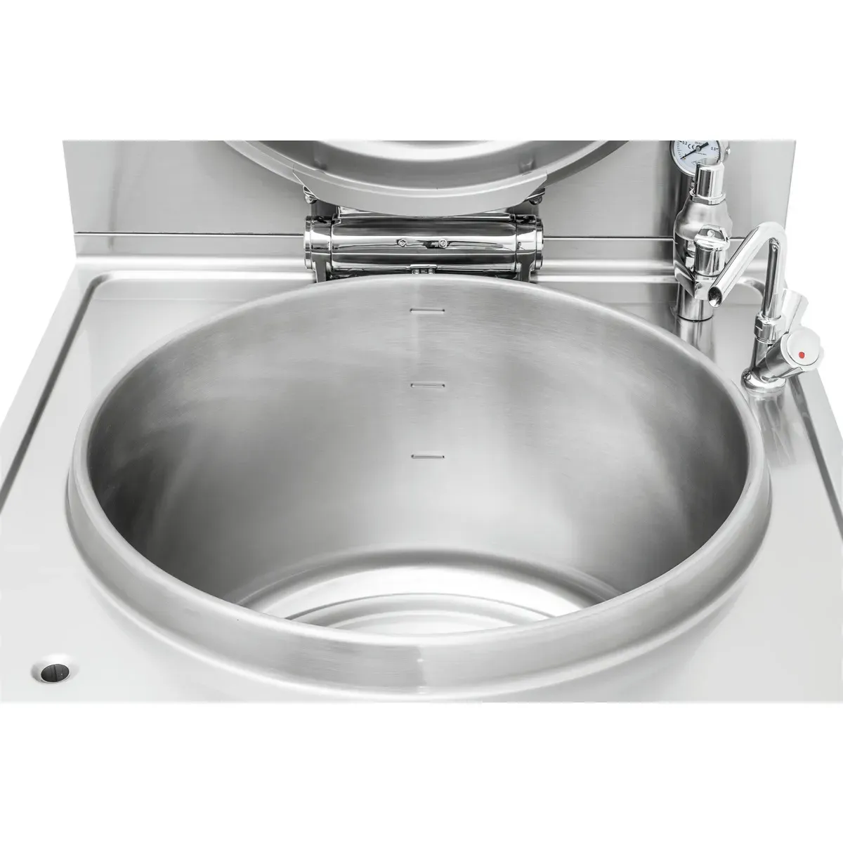 Bartscher 2800071 Kochkessel G342L Nahansicht offener Deckel, stahl, spüle, rund, spülschüssel, industriegeräte
