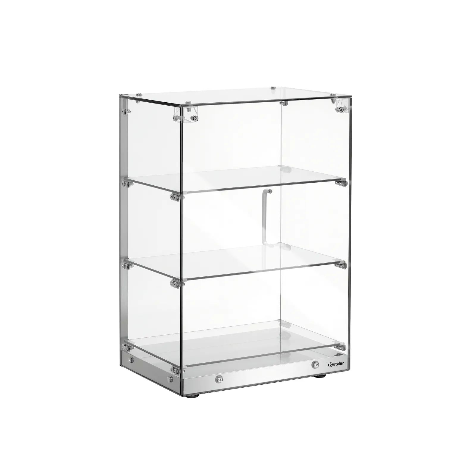 Bartscher 700357 Buffetvitrine 3850 3E-K Ansicht Komplett leer, Glasregal, Ausstellungsregal, Acrylglas, 4 Ebenen, Glasschrank