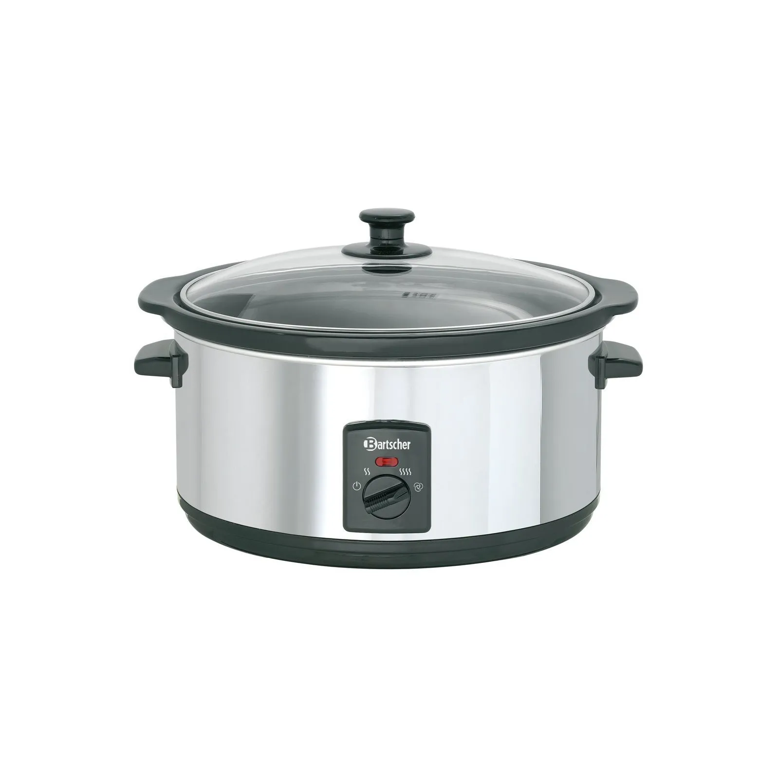 Bartscher A100265 Speisenwaermer Ansicht Komplett leer, Slowcooker, Edelstahl, Glasdeckel, Schwarze Akzente, Drehknopf