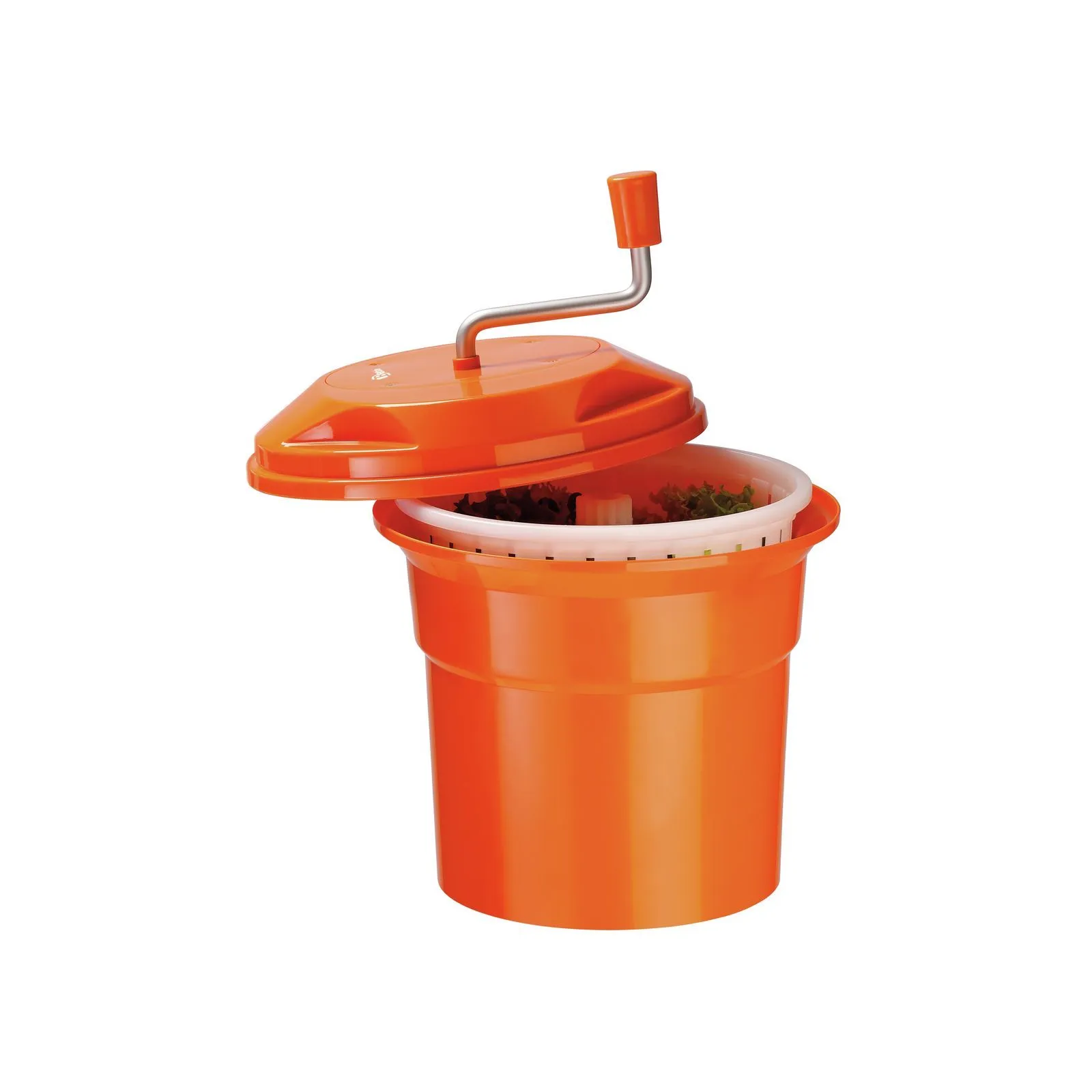 Bartscher 120710 Salatschleuder K1-12L Ansicht Komplett, Deckel offen, handkranzer, orange bucket, Küchengerät, Überschuss Sieb, Deckel mit Riss