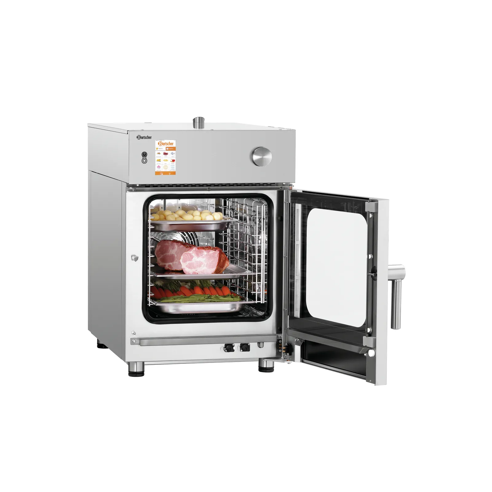 Bartscher 117262 Kombidämpfer Silversteam-K 6110D Ansicht Komplett, offene Tür, mit Essen, Kompaktbackofen, Elektrobackofen, Schrankofen, Gemüse, Fleisch