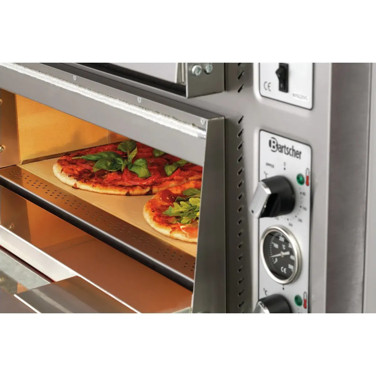 Bartscher 2002094 Pizzaofen NT 622VS Nahansicht, mit Pizza, Pizza, Ofen, Edelstahl, Gasofen, Backofen