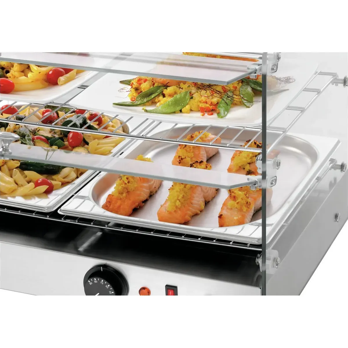 Bartscher 305062 Heiße Theke 5200 2ER Nahansicht von hinten, mit Essen, Bedienelementen und offenen Türen, Juswürfel?, Food warmer, Chafing?, Buffet warmer, Food display case