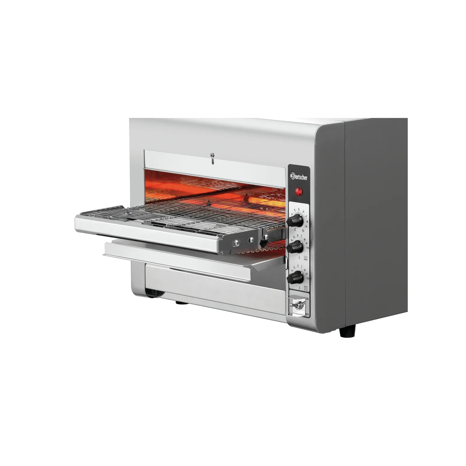 Bartscher 2002203 Durchlaufpizzaofen 3600TB10 Ansicht Komplett, offen, mit Auffangbehälter, Toaster, Toaster-Ofen, Grill, Edelstahl, Bedienknöpfe