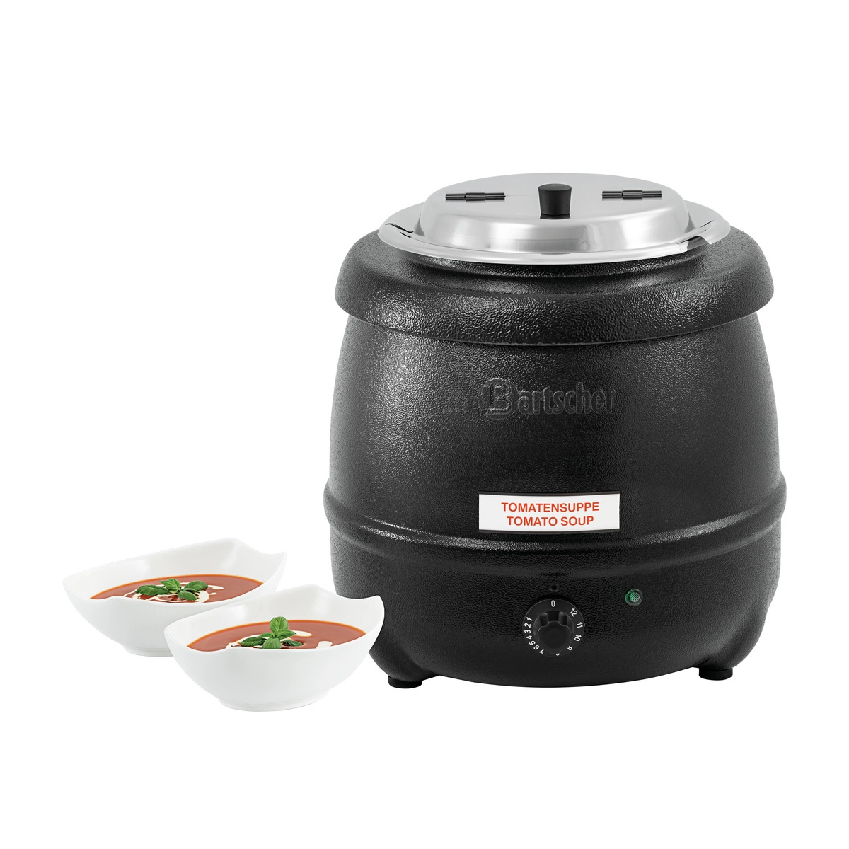 Bartscher Suppentopf schwarz mit Edelstahlfarbenem Deckel und zwei Suppenschalen mit Tomatensuppe, 100061 Bartscher 100061 Suppentopf mit zwei Suppenschalen