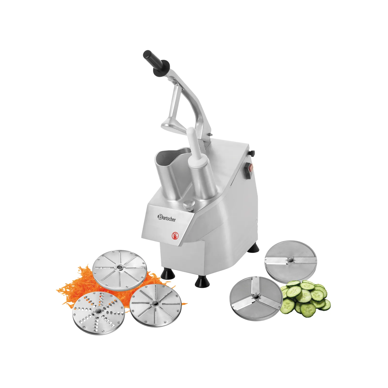 Bartscher 120325 Gemüseschneider GMS550 Ansicht Komplett, mit Klingen und geschnittenem Gemüse, Dampfglätter, Zerkleinerer, Gemüsevorrichtung, Küchengerät, Messerschlitz