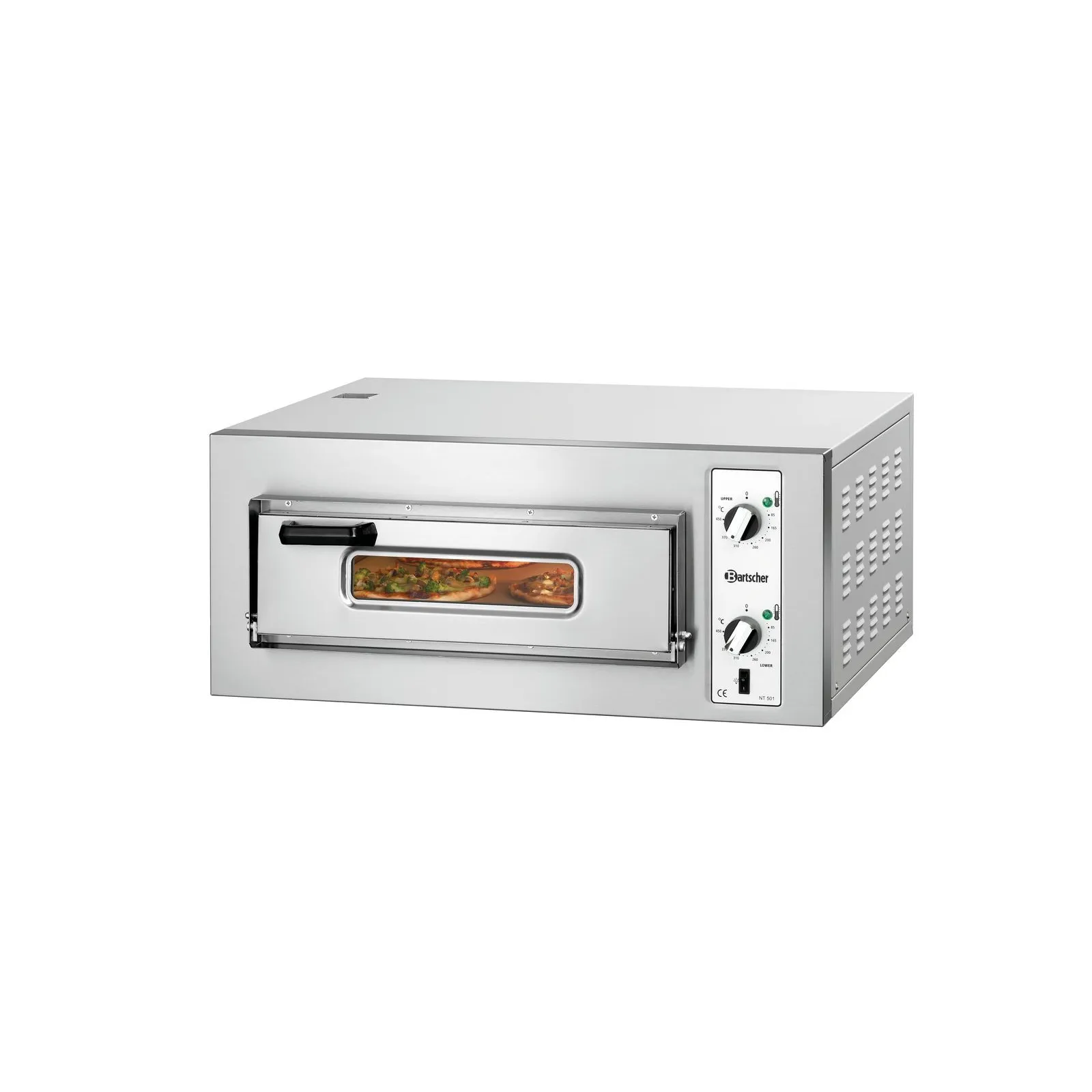 Bartscher 2002018 Pizzaofen NT 501 Ansicht Komplett, geschlossen, mit Pizza, Backofen, Pizzaofen, Edelstahl, Küchengerät, Metallkonstruktion