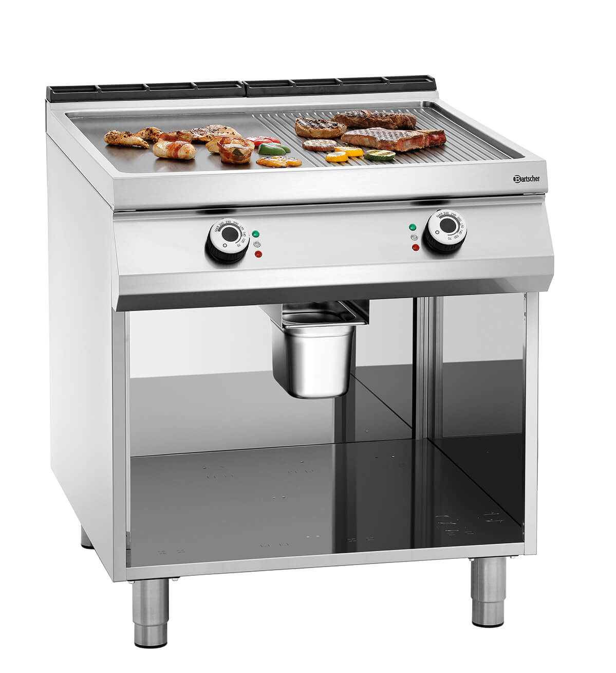 Bartscher Elektro-Griddleplatte mit Stahlplatte 1/2 glatt 1/2 gerillt offener Unterbau