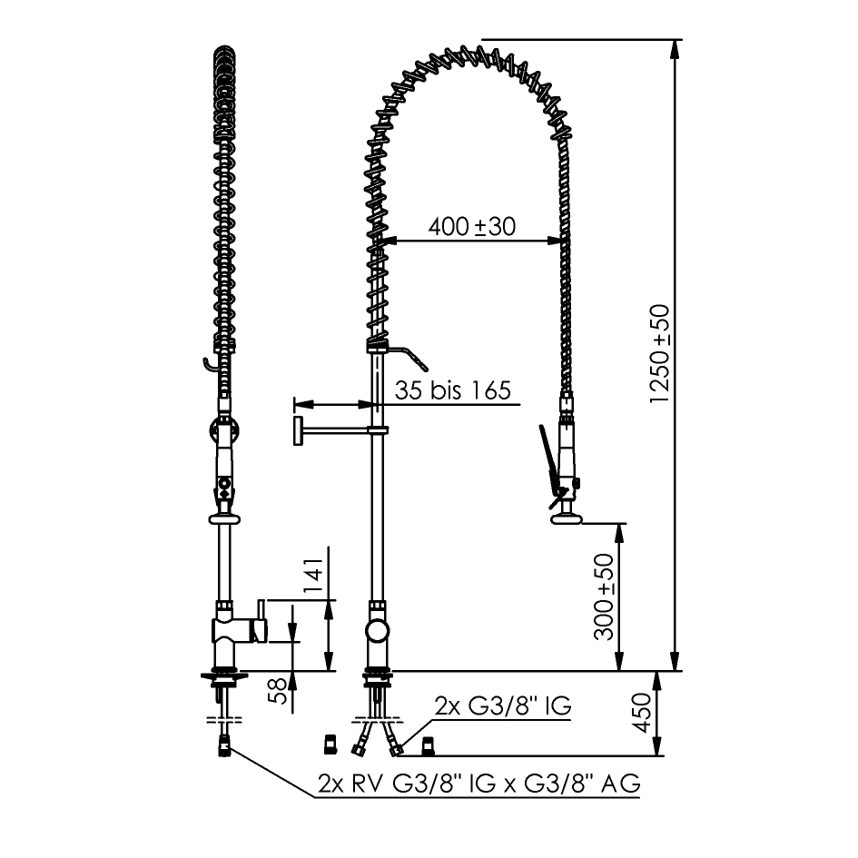 Echtermann 321-102/000/1250 ClassicClean Geschirrbrause ohne Schwenkauslauf Zeichnung, kitchen faucet, spray faucet, kitchen tap, pull-down sprayer, gooseneck faucet