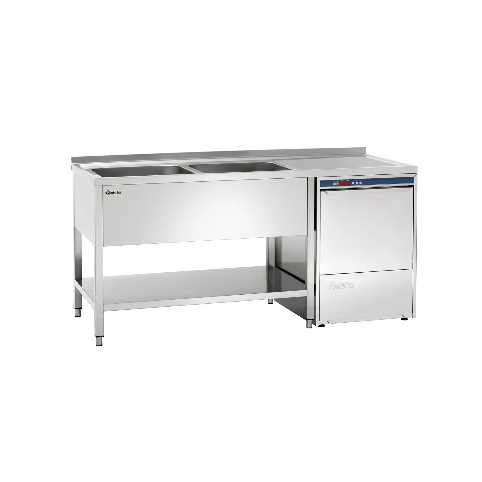 Bartscher 306360 Spülcenter 700 B1800 2 Becken LI Ansicht Komplett mit Spülmaschine, Induktionsplatte Tisch, Edelstahl, Doppelbecken, Küchen-Einheit, fußgestell