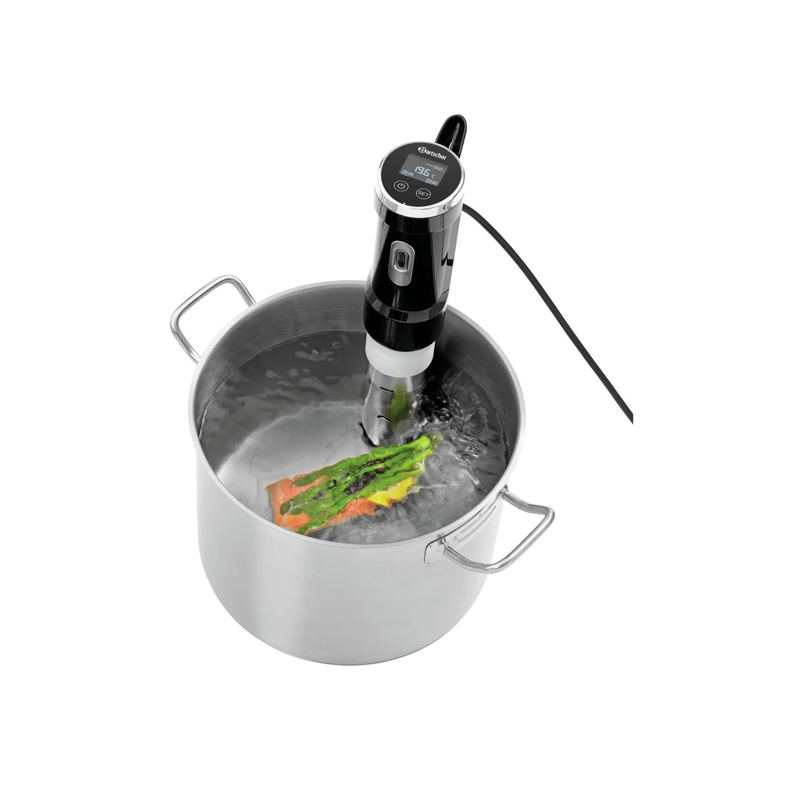 Bartscher 115133 Sous-Vide-Stick SV ST15L Ansicht Komplett, im Topf, mit Essen, Kochtopf, Stovepot, Elektrischer Topf, Smart-Thermostat, Temperiergerät