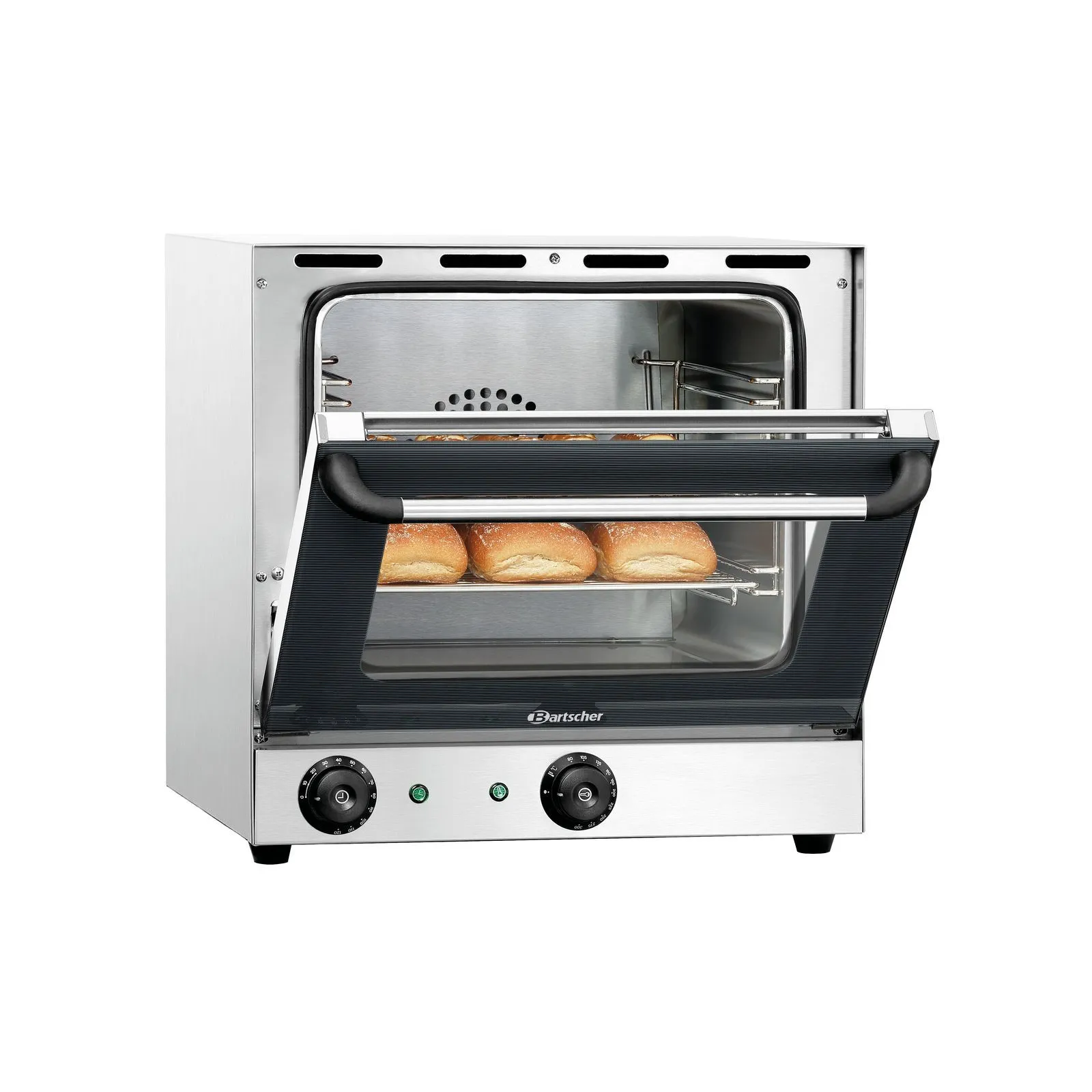Bartscher 120789 Heißluftofen AT110 Ansicht Komplett, mit Brötchen, halboffen, Toaster-Ofen, Edelstahl, Glas-Tür, Backblech, Brötchen