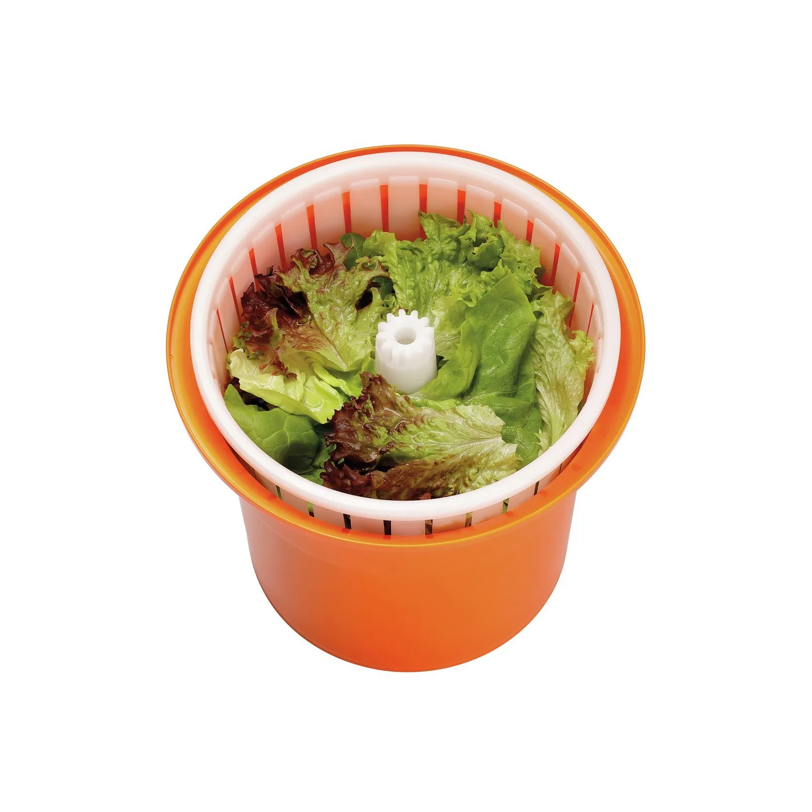 Bartscher 120710 Salatschleuder K1-12L Ansicht von oben, Deckel offen, mit Salat, Salad Spinner, Küchenutensil, Grüner Salat, Orange, Manuelle Saftpresse