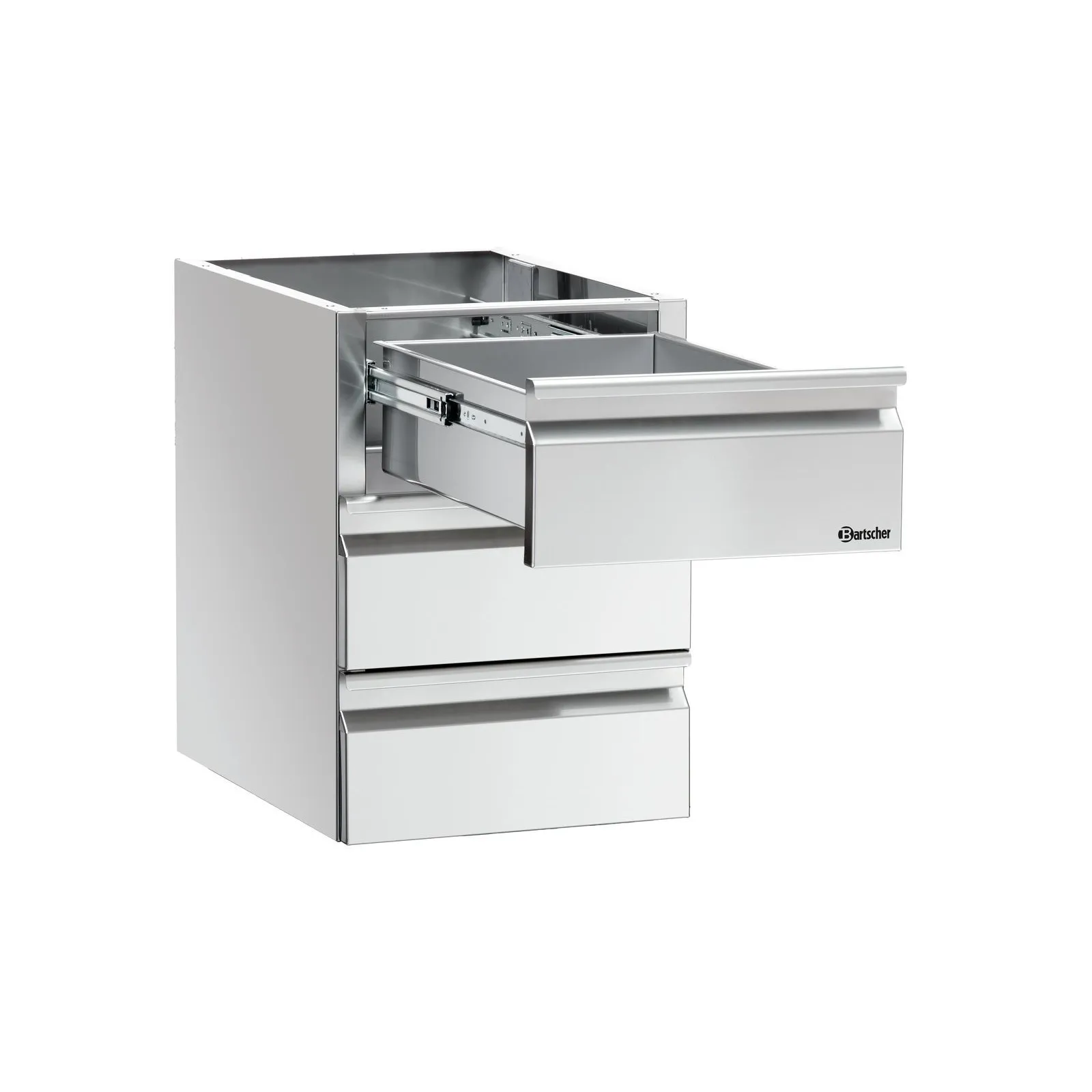 Bartscher 315307 Schubladenblock 3 x 1/1 GN Ansicht Komplett, geöffnet, Küchenschrank, Schublade, Chromstahl, Küche, Mobiliar