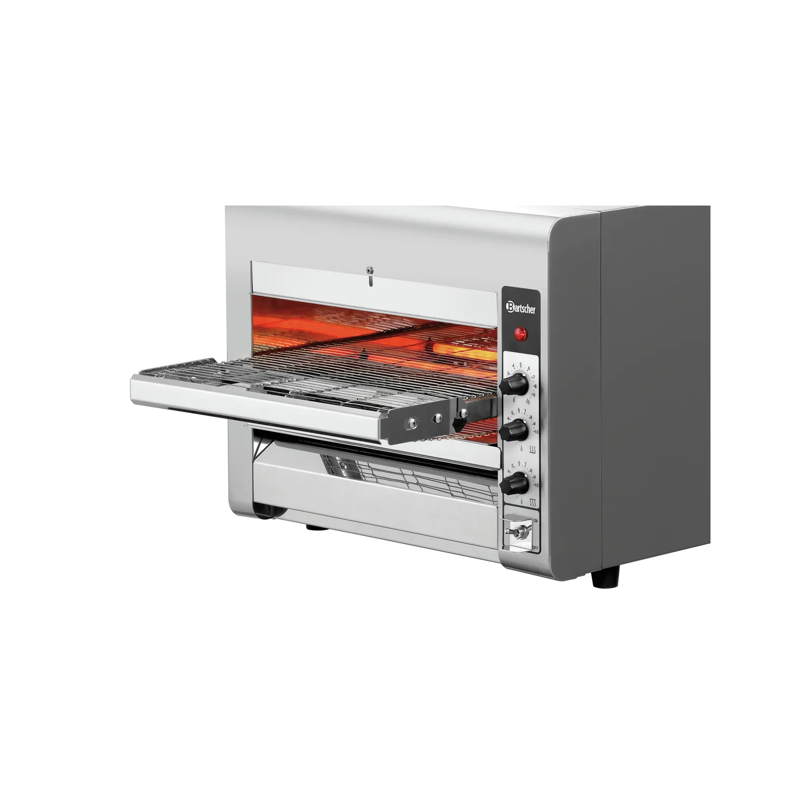 Bartscher 2002203 Durchlaufpizzaofen 3600TB10 Ansicht Komplett, offen, Toasterofen, Bräunungsbackofen, Metall, Griffe, Rotisserie