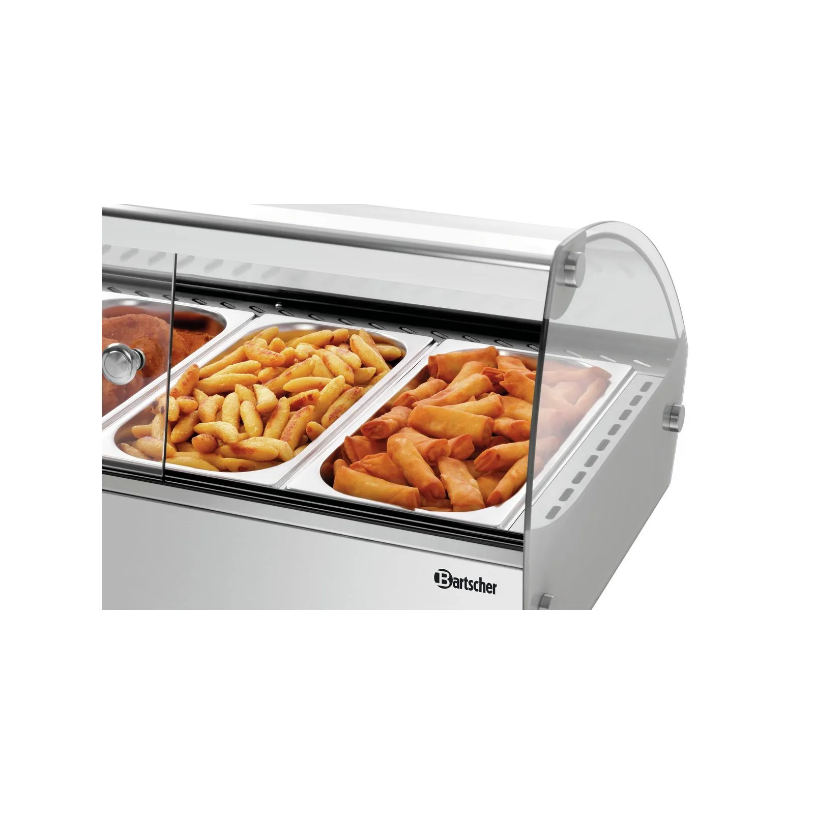 Bartscher 305059 Heiße Aufsatzvitrine R6 6 x 1/3 GN Nahansicht von hinten, mit Essen
